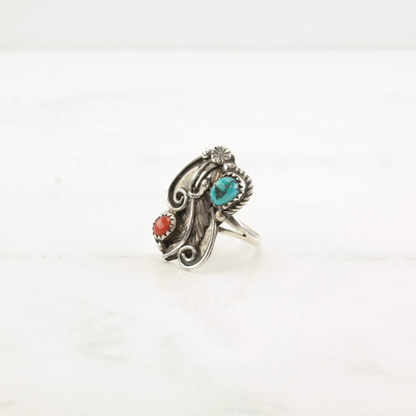 Vintage Native American Silver Ring Turquoise Coral Leaf Flower Sterling Size 6