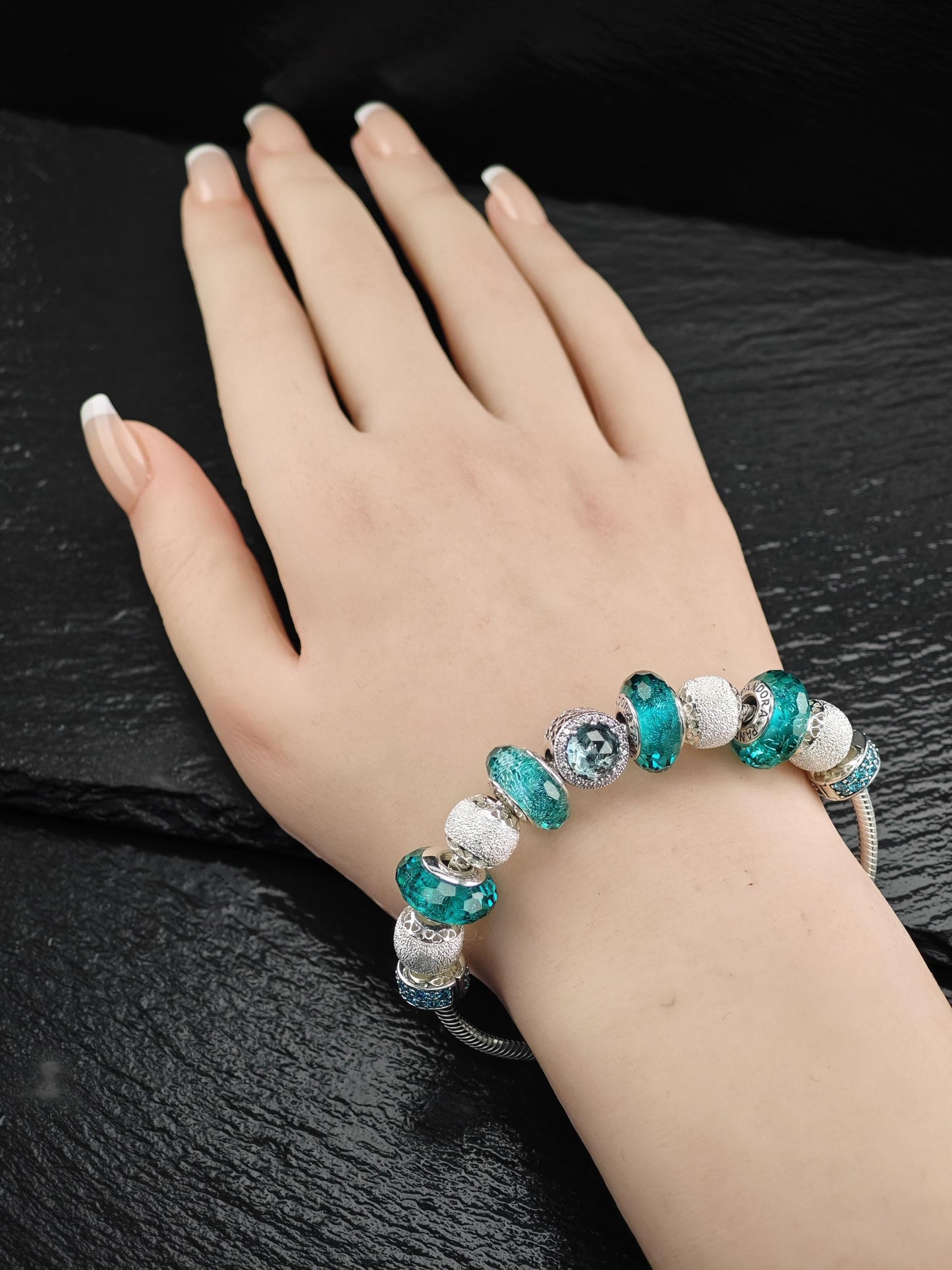 Vintage Pandora Teal 11 Charm Bracelet Murano Sterling Silver