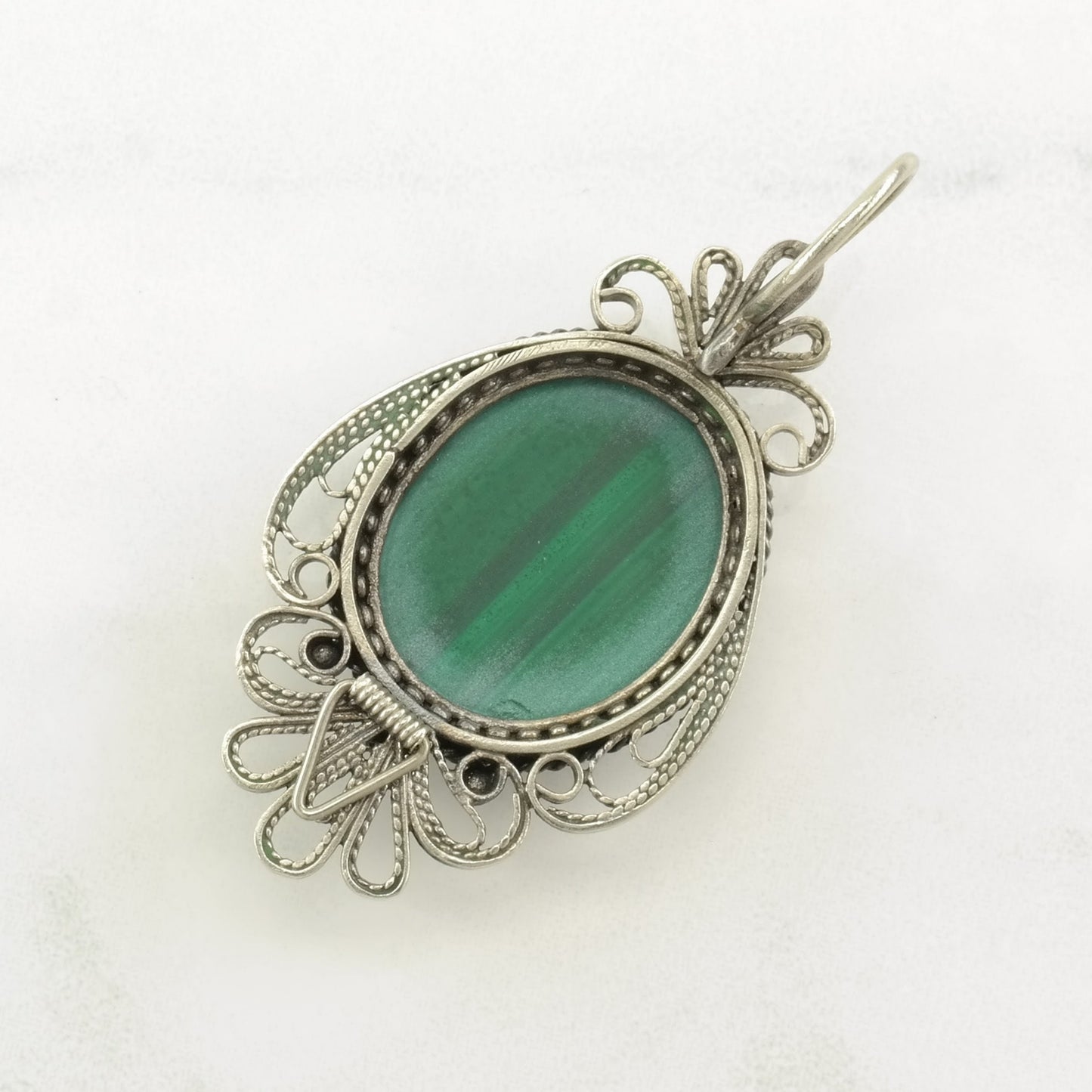 Vintage Malachite Ornate, Filigree Sterling Silver Pendant