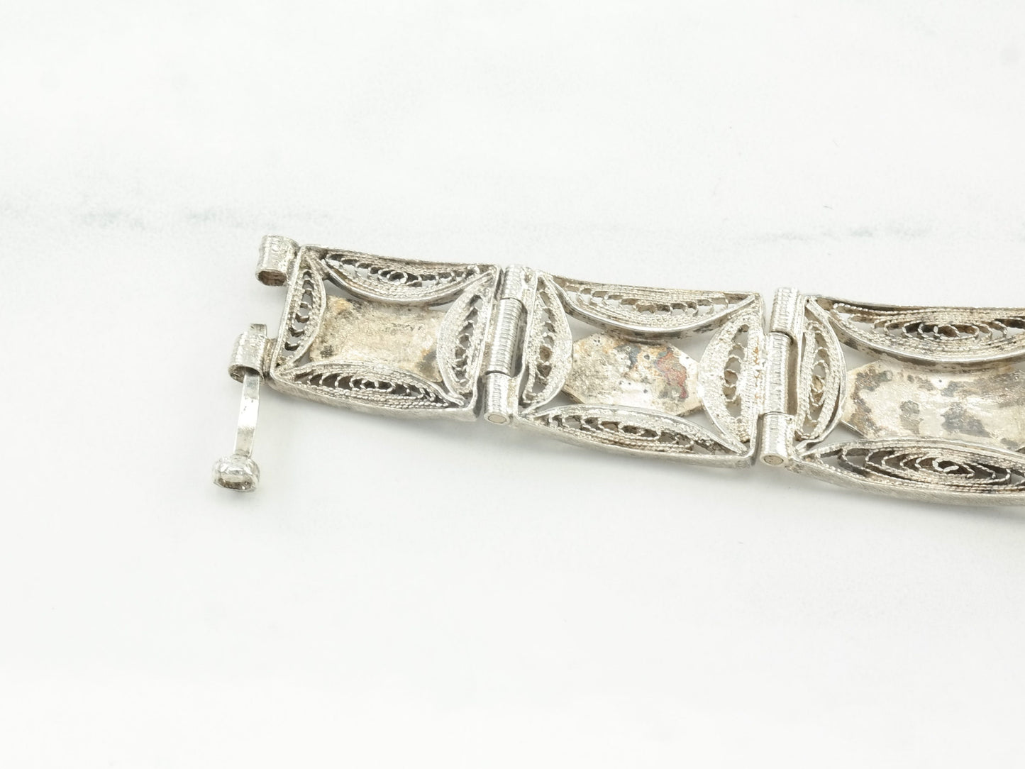 1943 Egyptian Sterling Silver Filigree Panel Bracelet Scenic