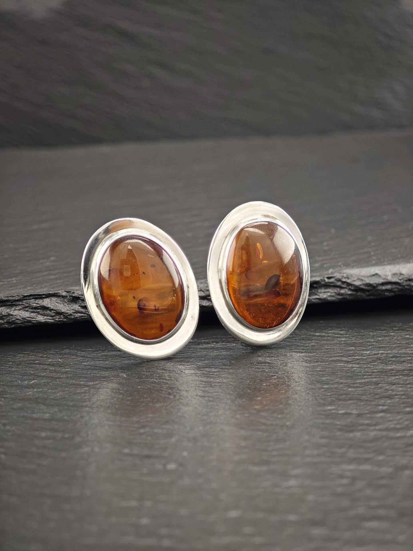 Large Modernist Amber Sterling Silver Clip On Earrings
