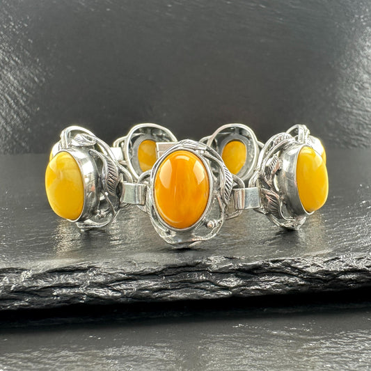 Baltic Amber Bracelet in Art Nouveau Style Yellow Opaque Sterling Silver