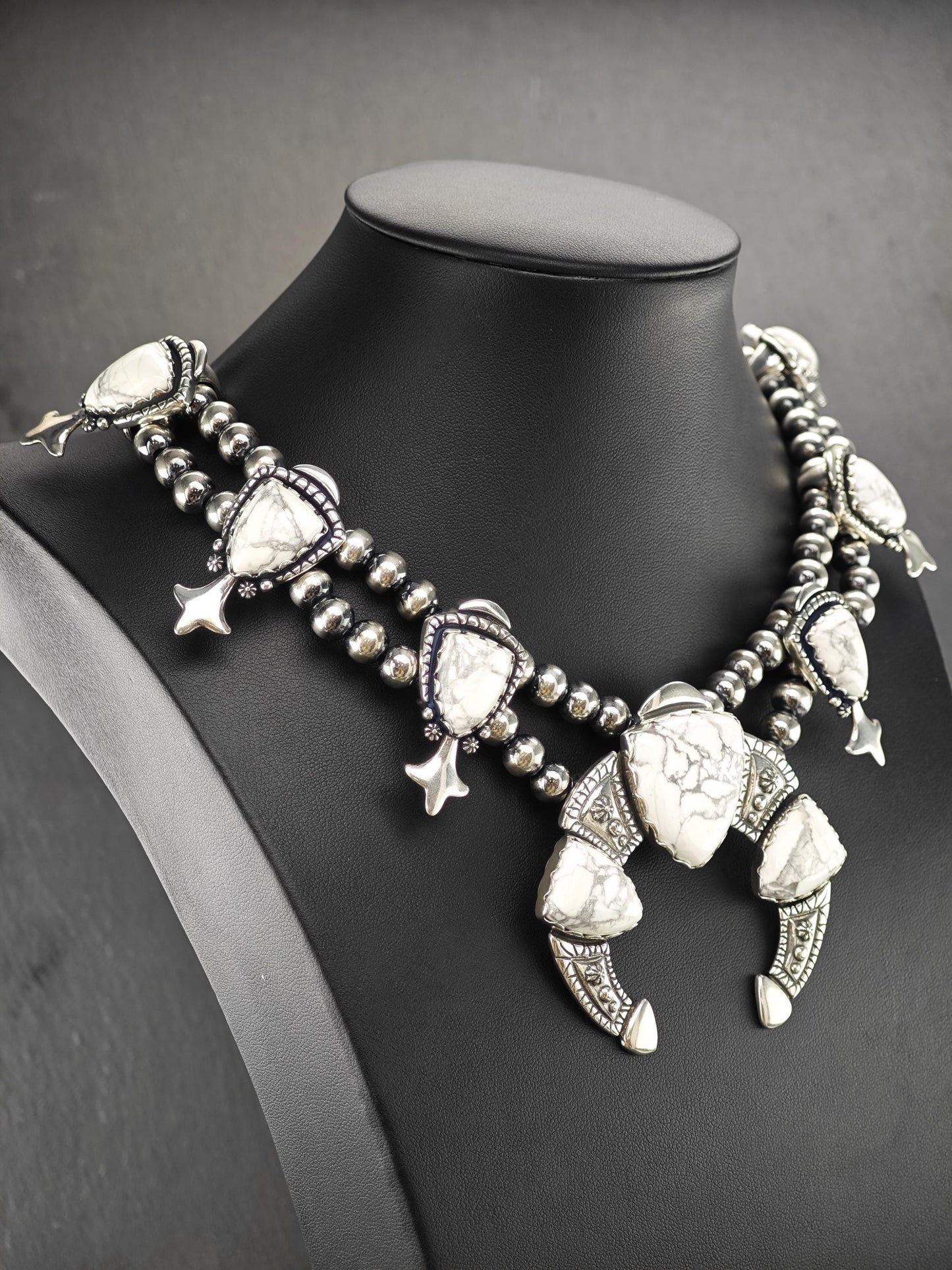 American West, Carolyn Pollack, Howlite Squash Blossom Necklace Sterling Silver