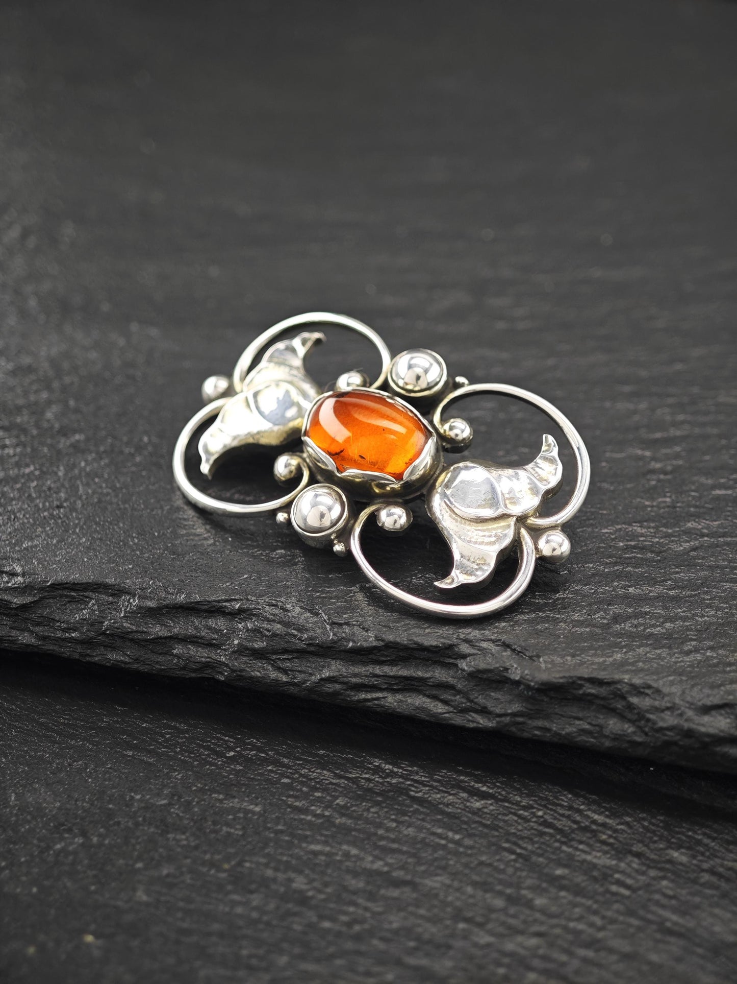 Antique, Georg Jensen 236A, Amber Brooch Sterling Silver
