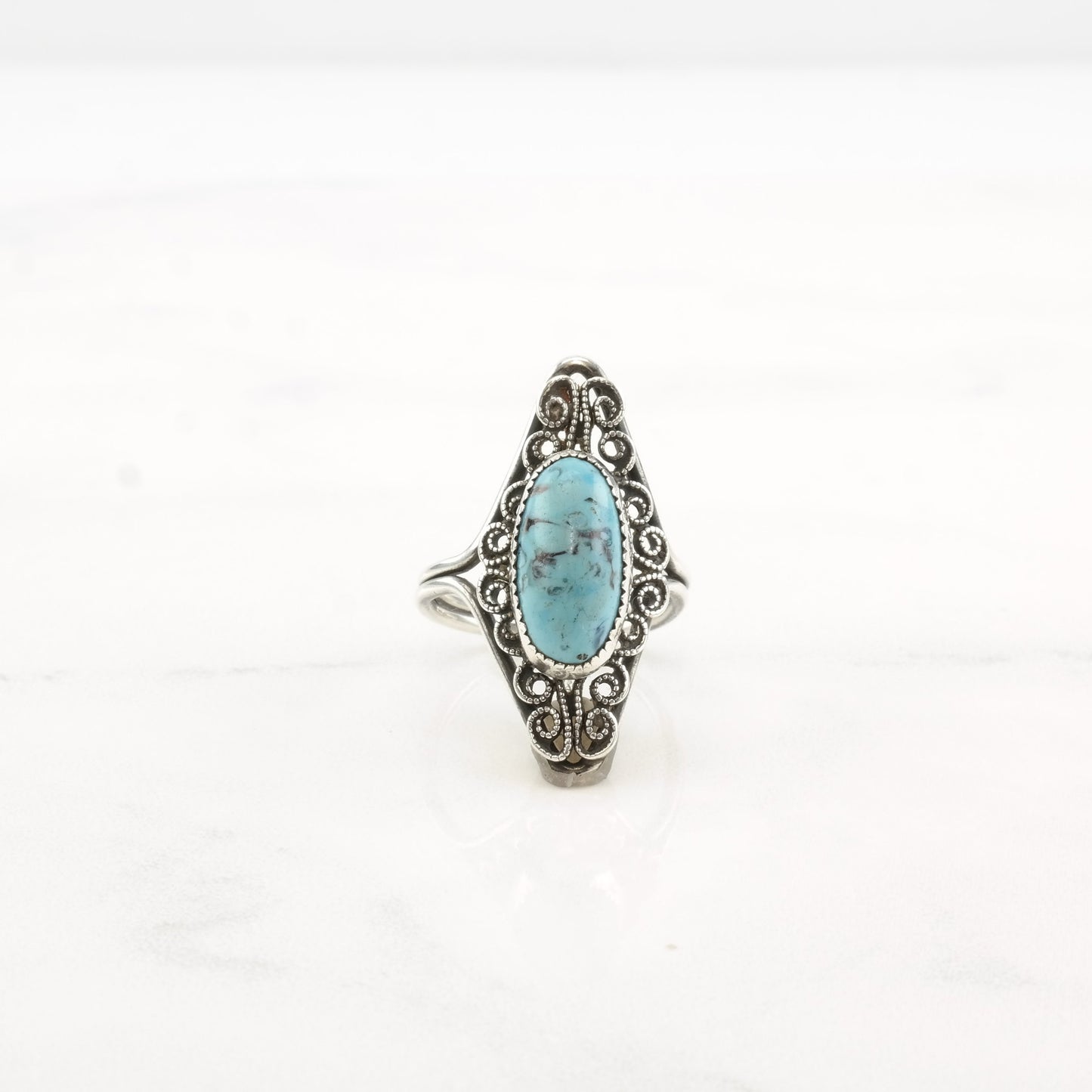 Vintage Sterling Silver Hubbell Glass Filigree Adjustable Ring Size 5