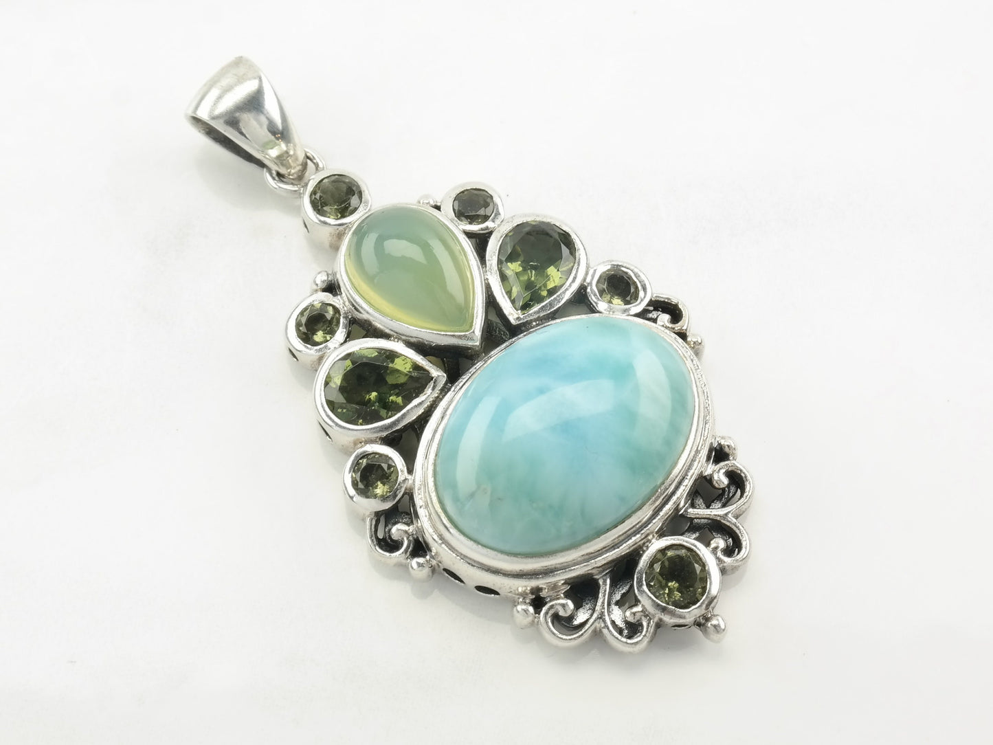 Vintage H&E Larimar, Chrome Diopside Sterling Silver Pendant