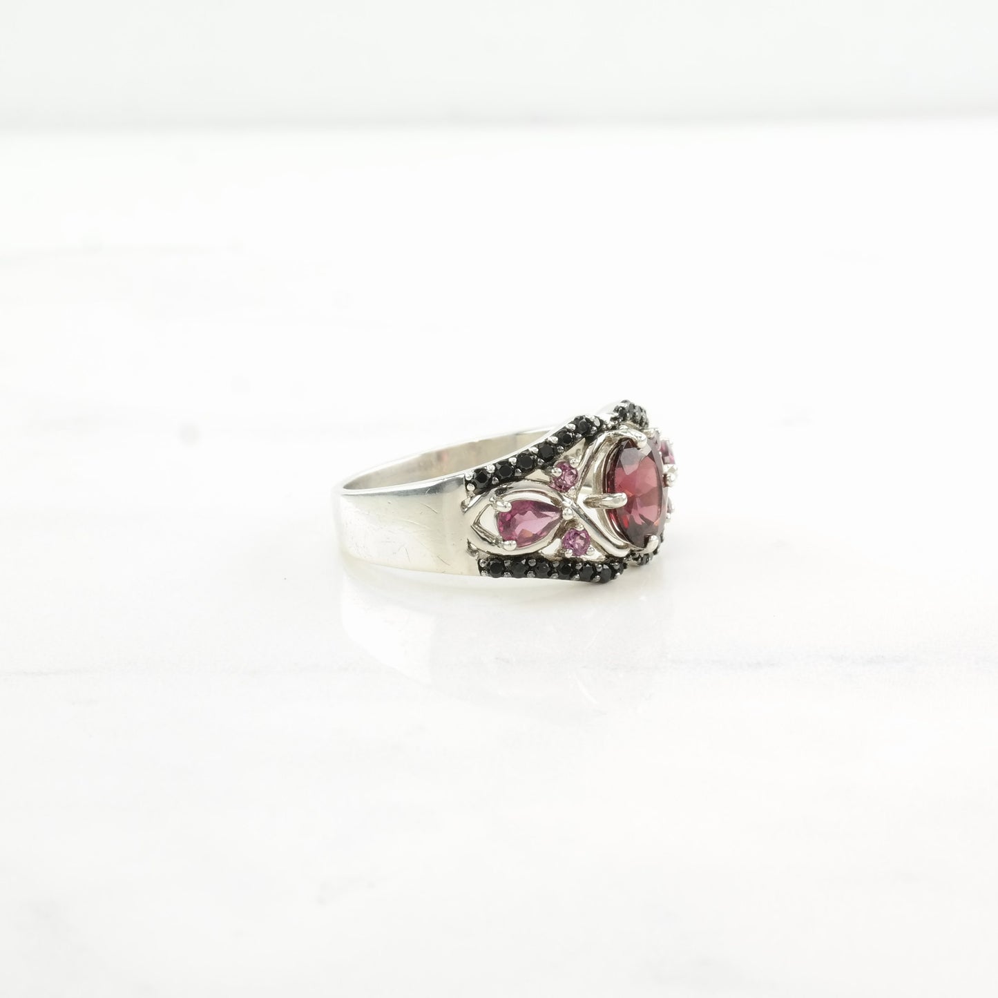 Vintage Sterling Silver Ring Raspberry Rhodolite Garnet Faceted Onyx Red, Purple, Black Size 11