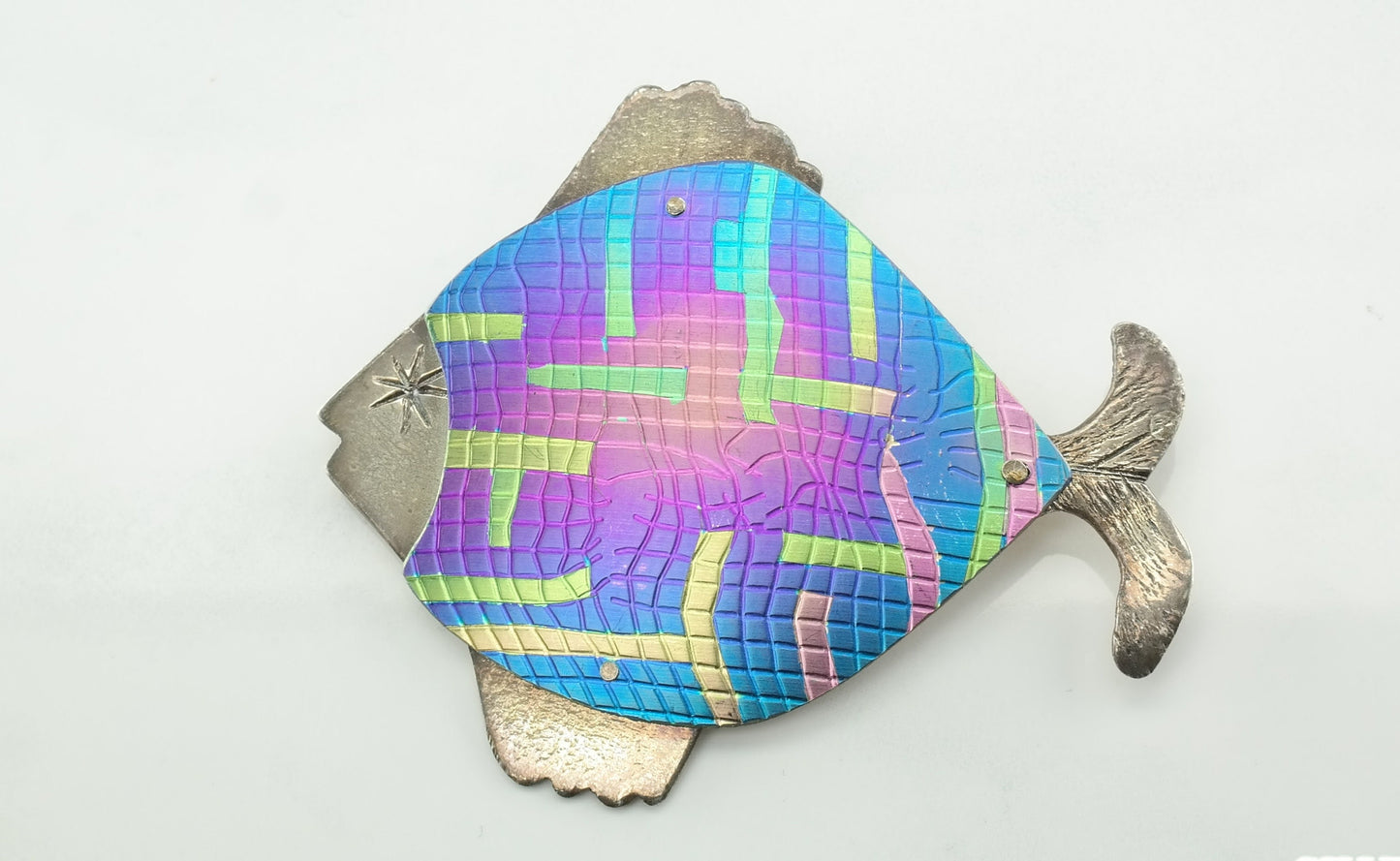 Vintage Studio Art Brooch, Sterling Silver & Anodized Metal, Fish Design, Signed, Whimsical Jewelry