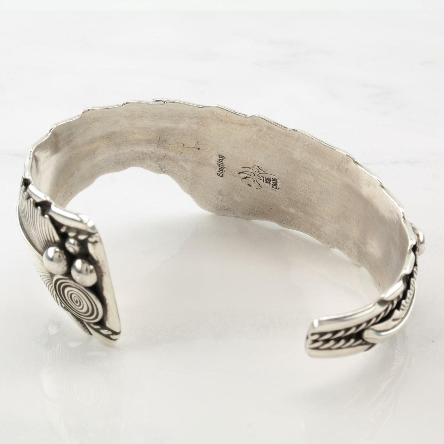 Signed Floral Cuff Bracelet Sterling Silver