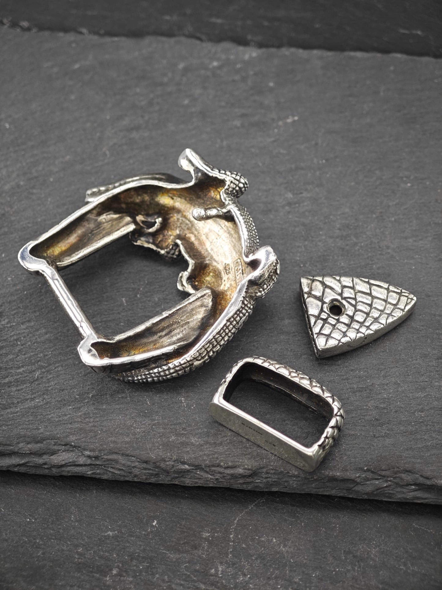 Vintage Jeff Deegan Alligator Belt Buckle Set Sterling Silver