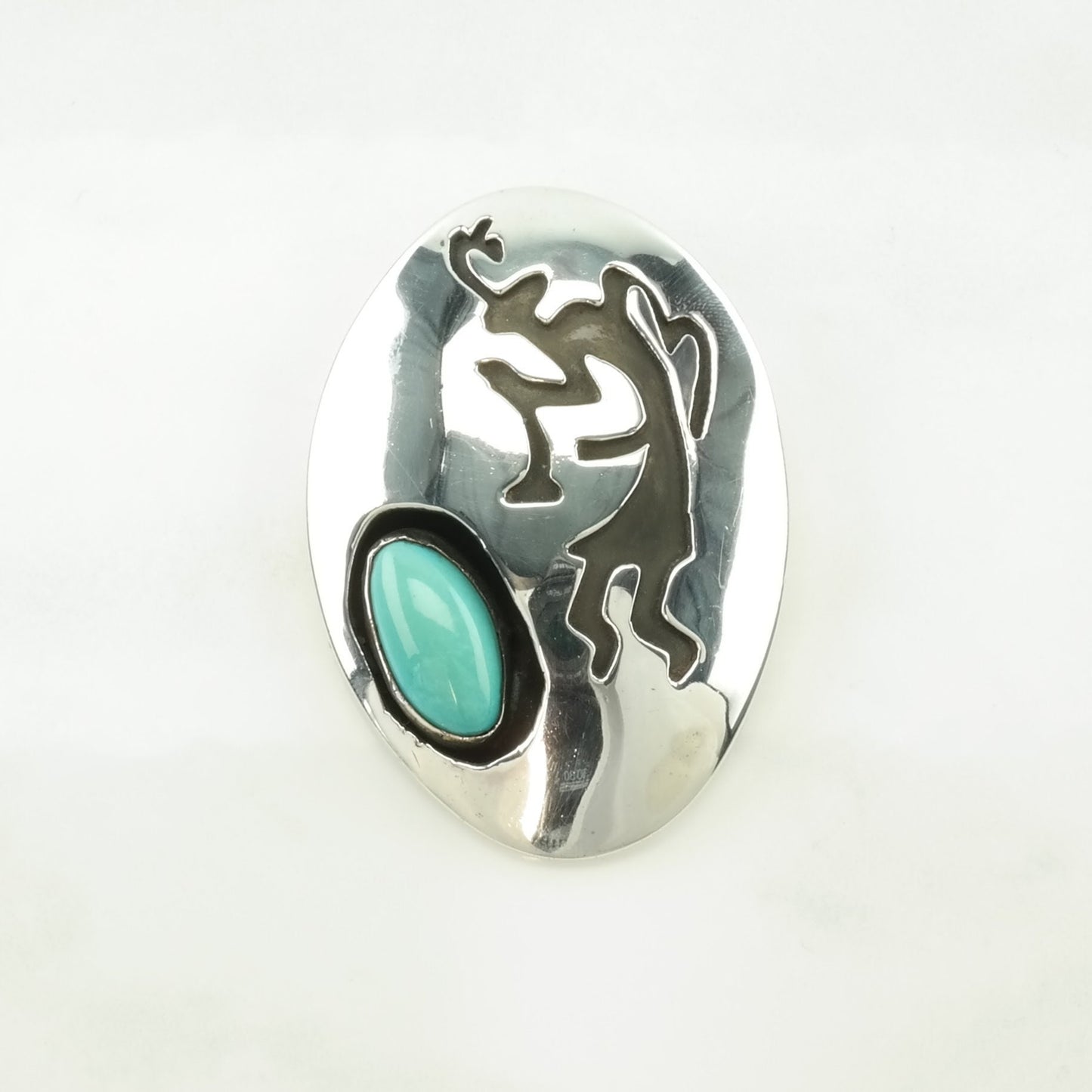 Vintage Southwest Turquoise Overlay, Kokopelli Sterling Silver Pendant