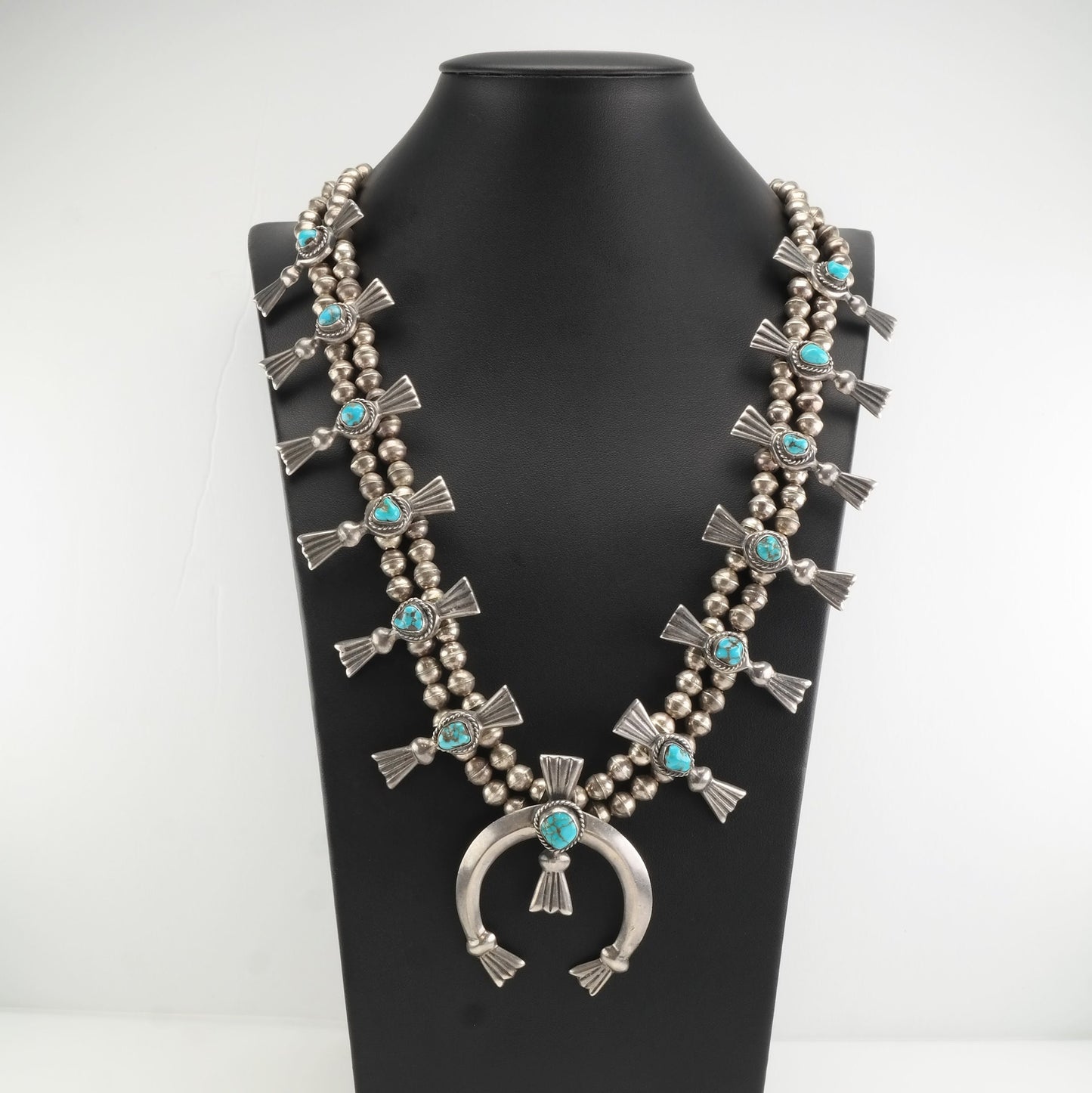 Vintage Native American Sterling Silver Gem Turquoise Squash Blossom Necklace