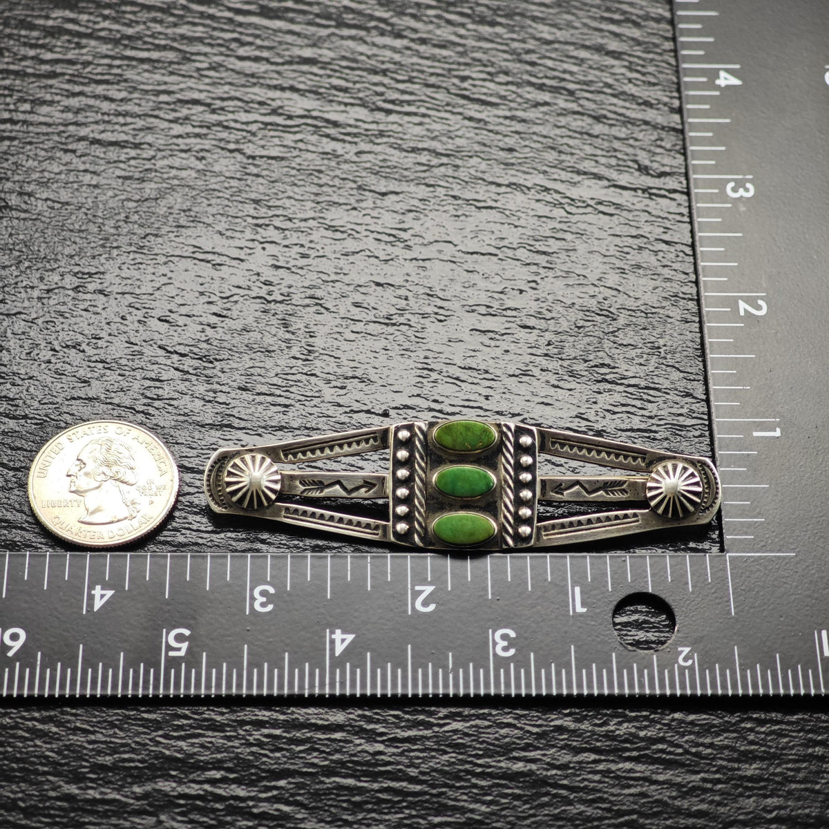 Fred Harvey Era Green Turquoise Stamped Sterling Silver Brooch B2271