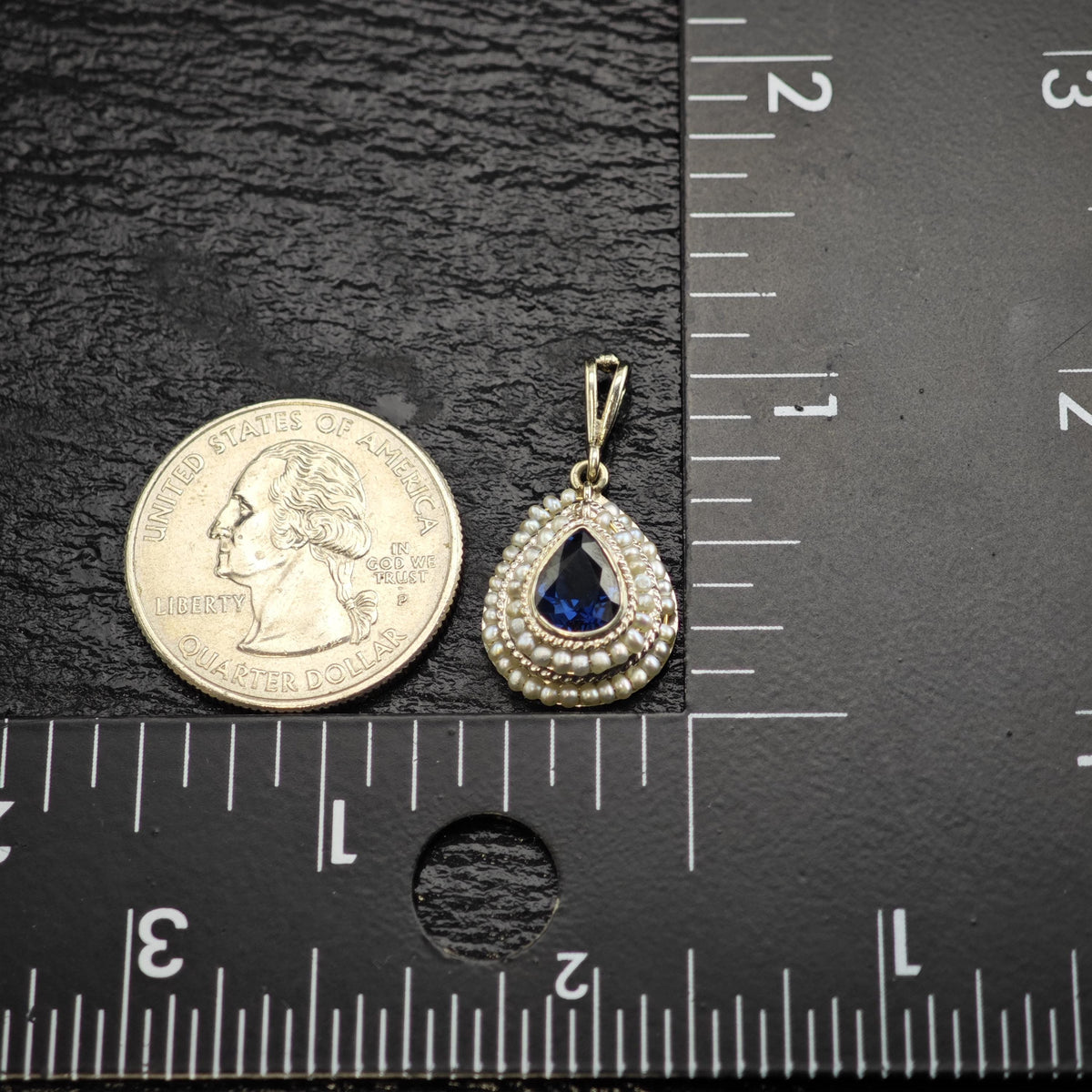 Victorian Natural Sapphire Seed Pearl, 14K White Gold Pendant P3107