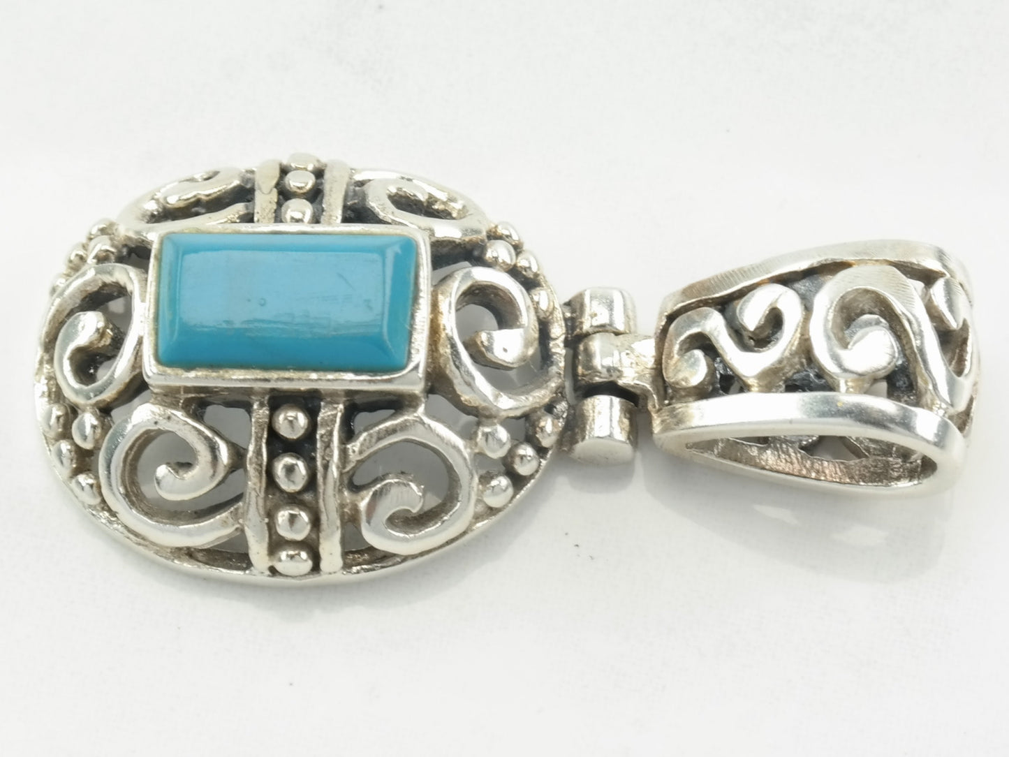 Vintage Block Turquoise Filigree Sterling Silver Pendant