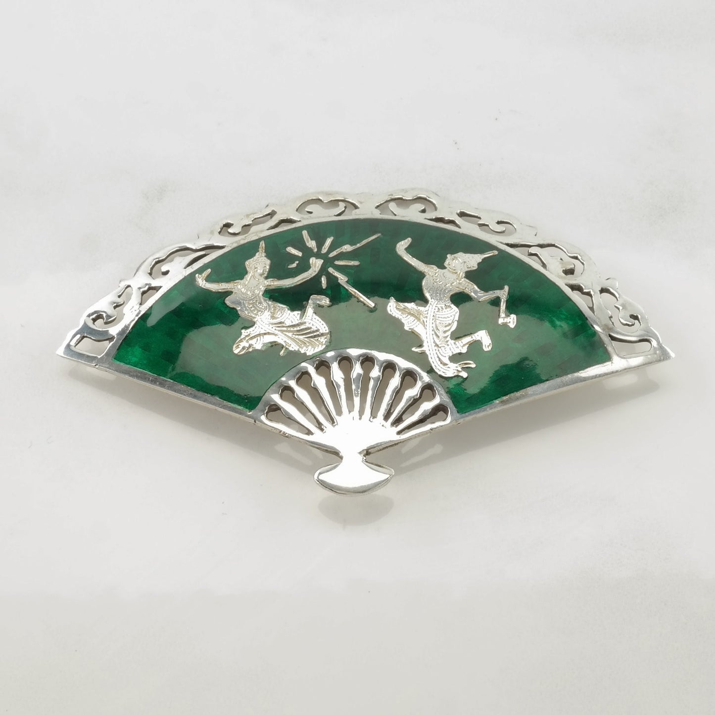 Green Silver Brooch Fan, Dancing Goddess Enamel, Niello Sterling B1911