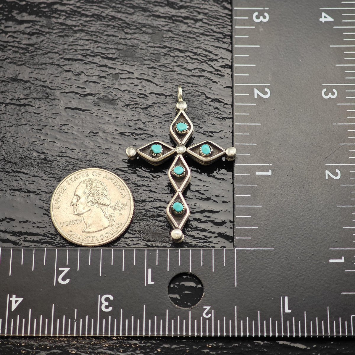 Reversible Zuni Turquoise, Coral Cross Sterling Silver Pendant P3143