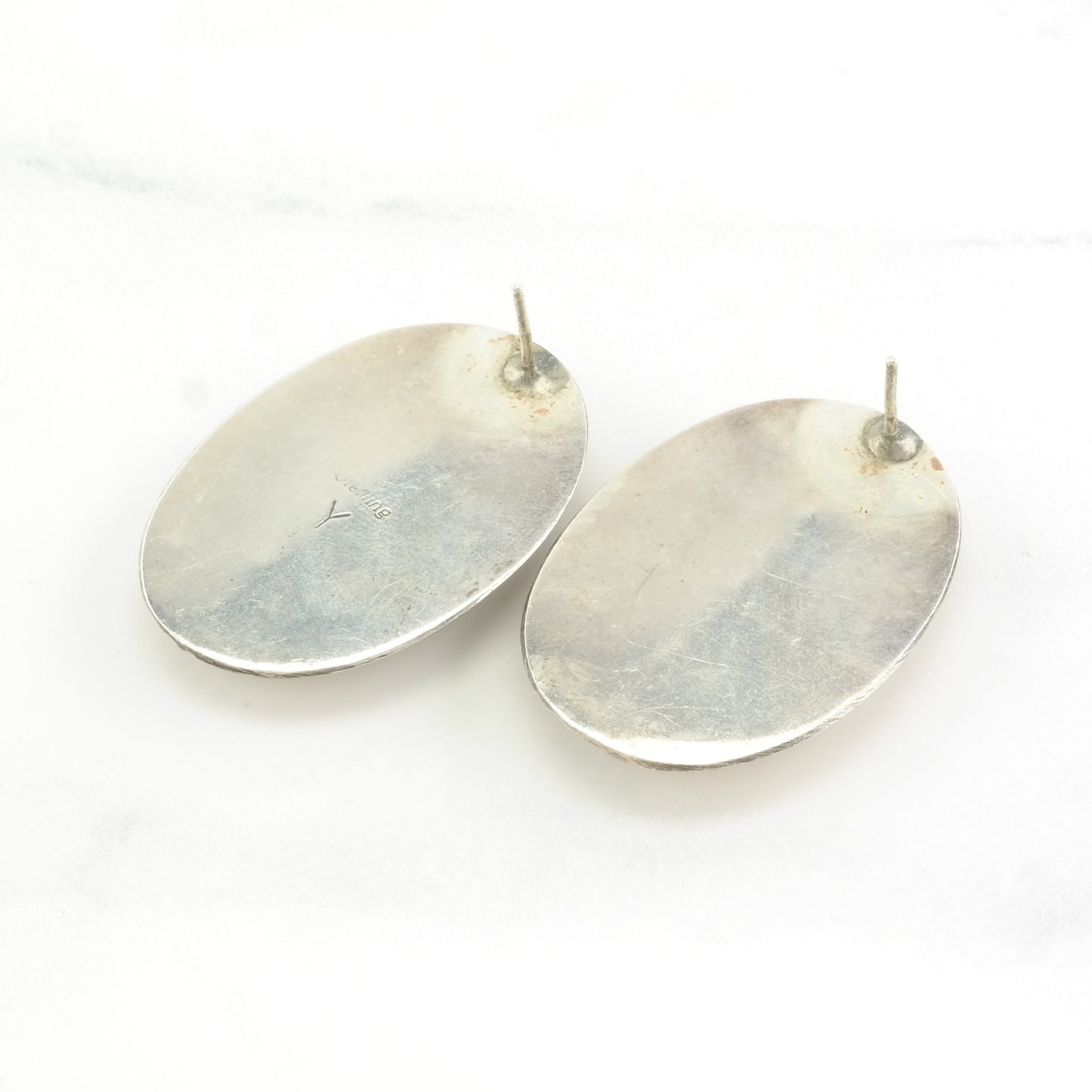 Vintage Stud Earrings Sterling Silver Oval Hollow Incise