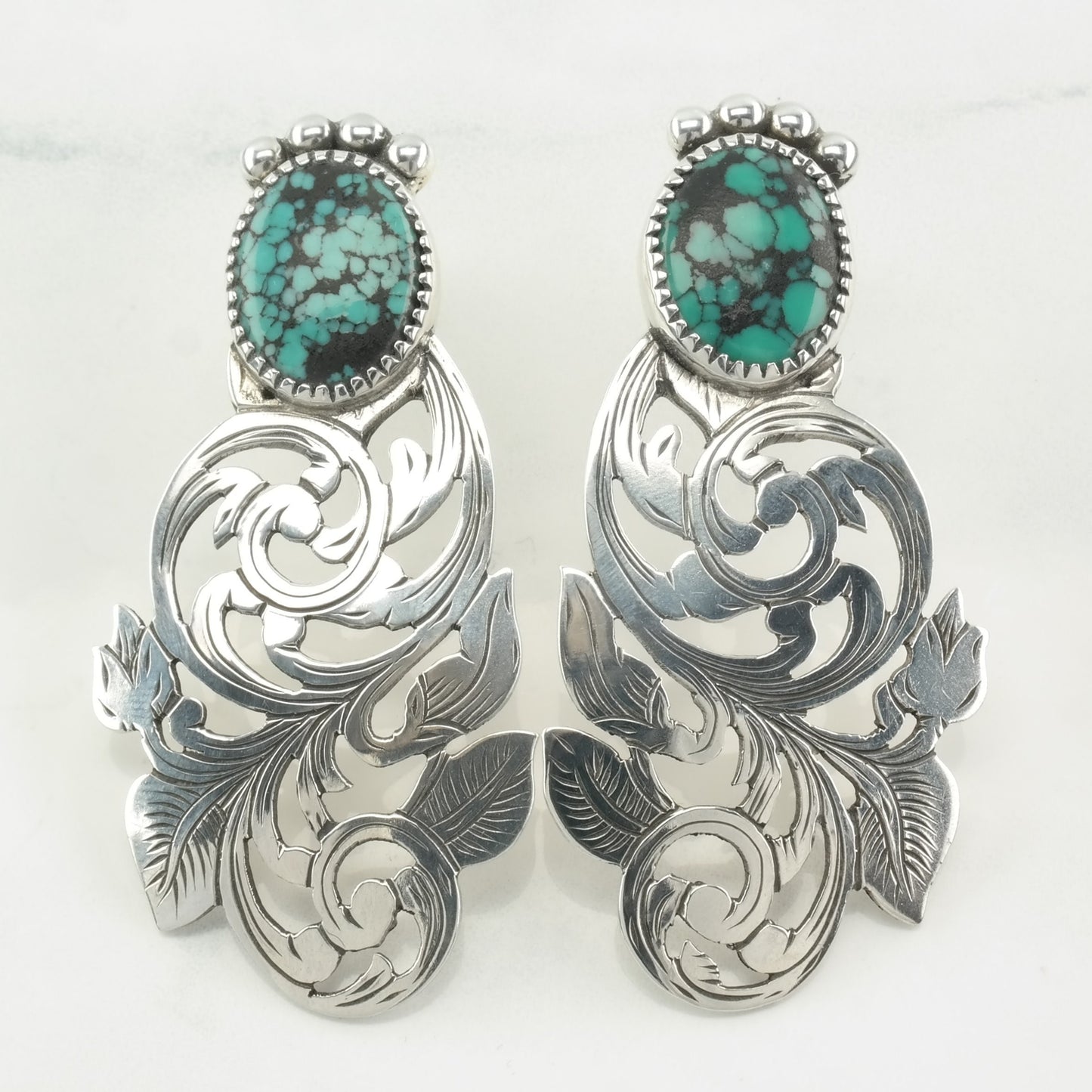 Sterling Silver Blue Turquoise Floral, Leaf Earrings Stud