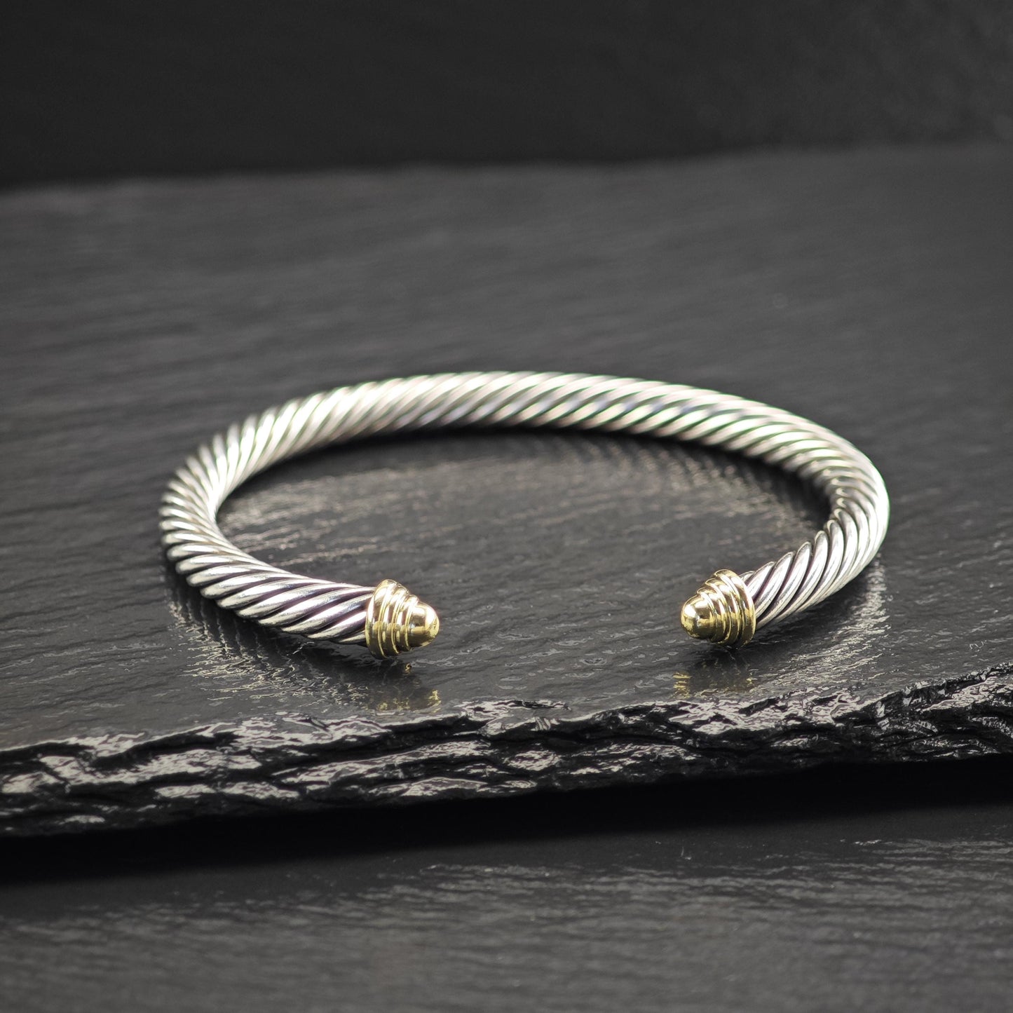 David Yurman 5mm 14K Gold Accent Cable Cuff Bracelet Sterling SIlver