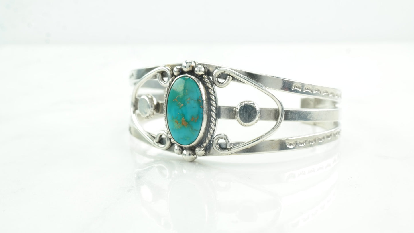 Fred Harvey Era Cuff Bracelet Native American Blue Gem Turquoise Sterling Silver