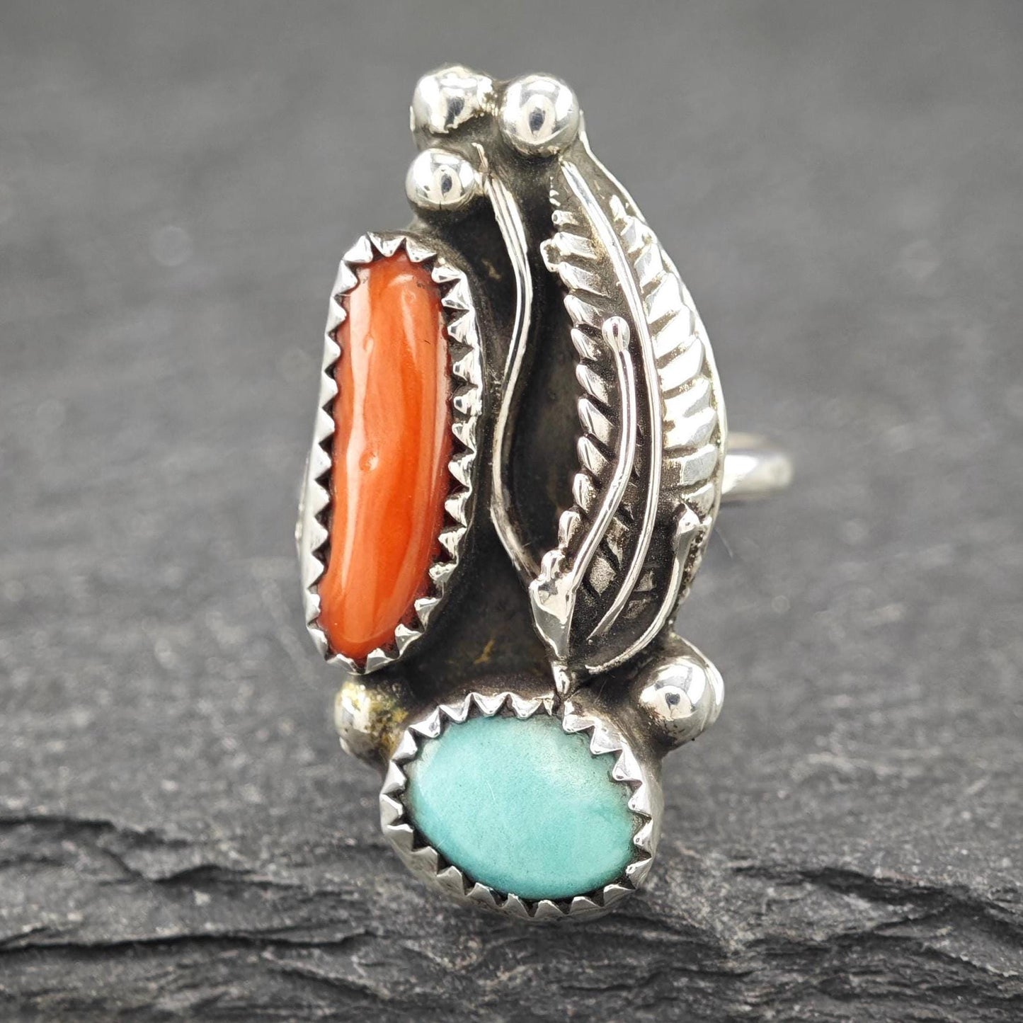 Native American, Coral, Turquoise Ring Sterling Silver