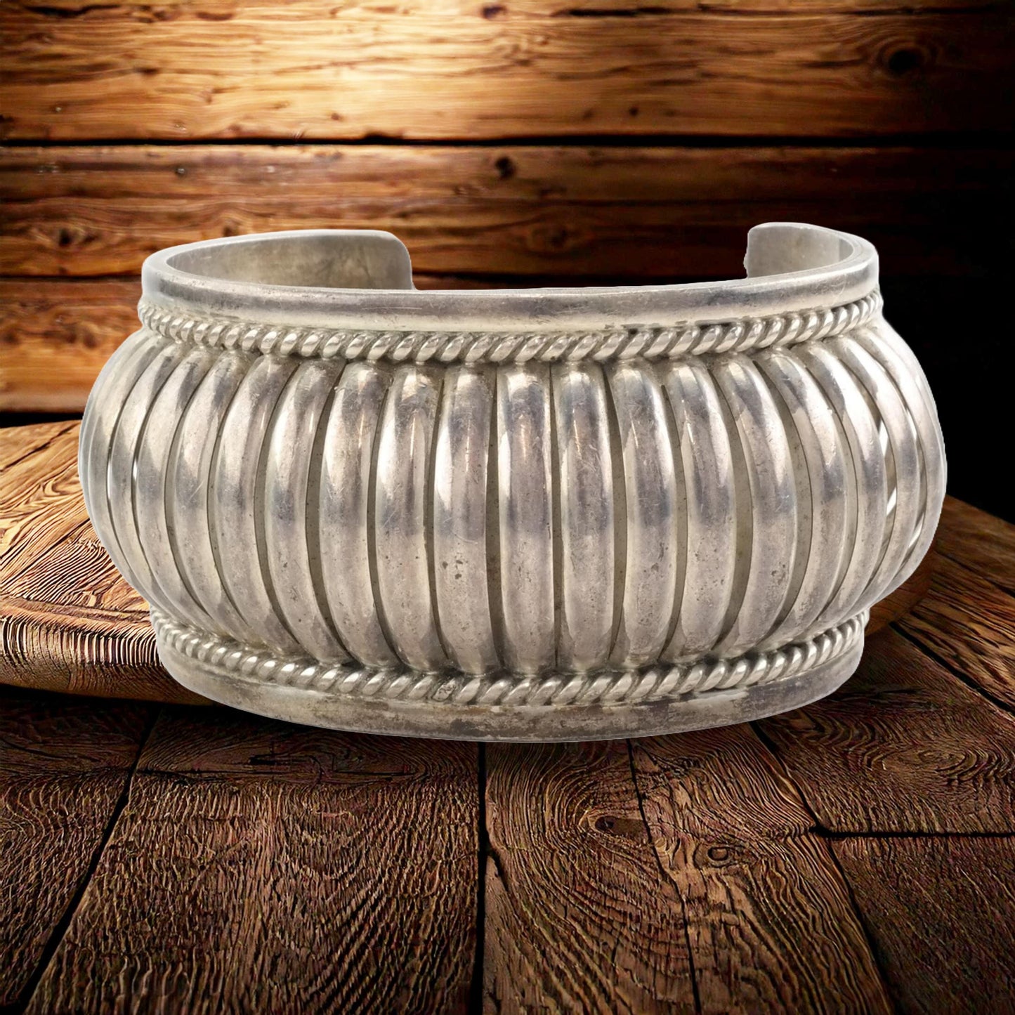 Vintage Sterling Silver Scalloped Cuff Bracelet, Size 7 1/4, 1980s, Signed Native American, Statement Jewelry