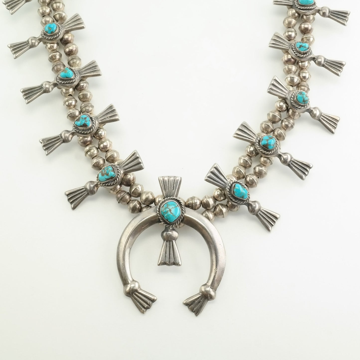 Vintage Native American Sterling Silver Gem Turquoise Squash Blossom Necklace
