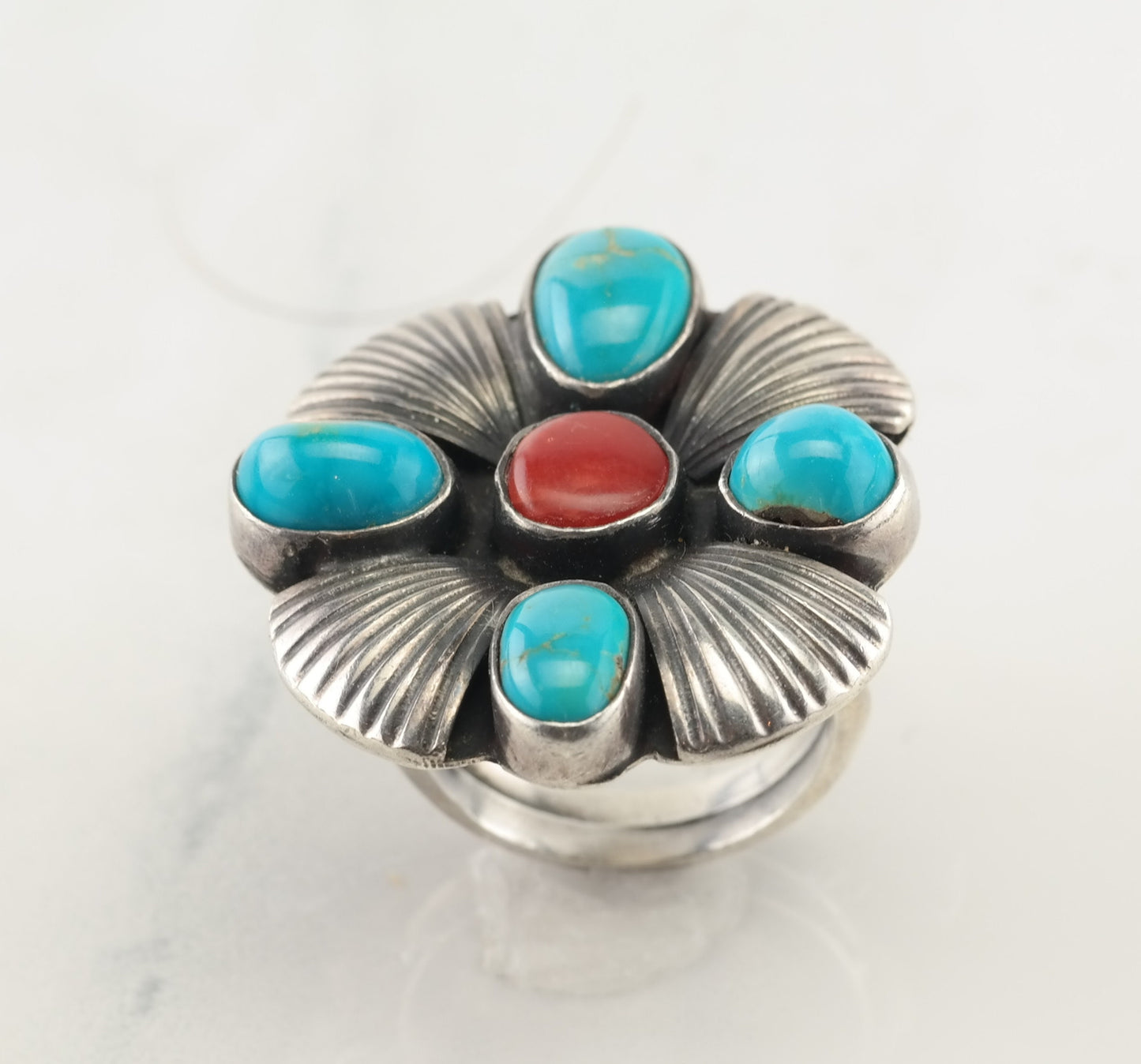 Vintage Native American Silver Ring Turquoise, Coral Floral Sterling Size 7
