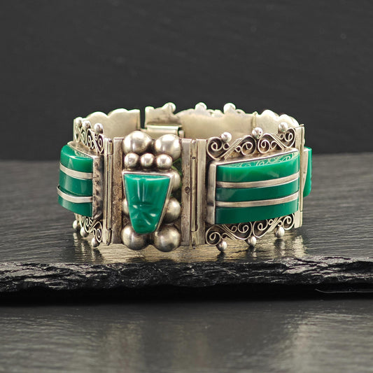 AS IS Vintage Mexican Green Onyx Link Bracelet Sterling Silver