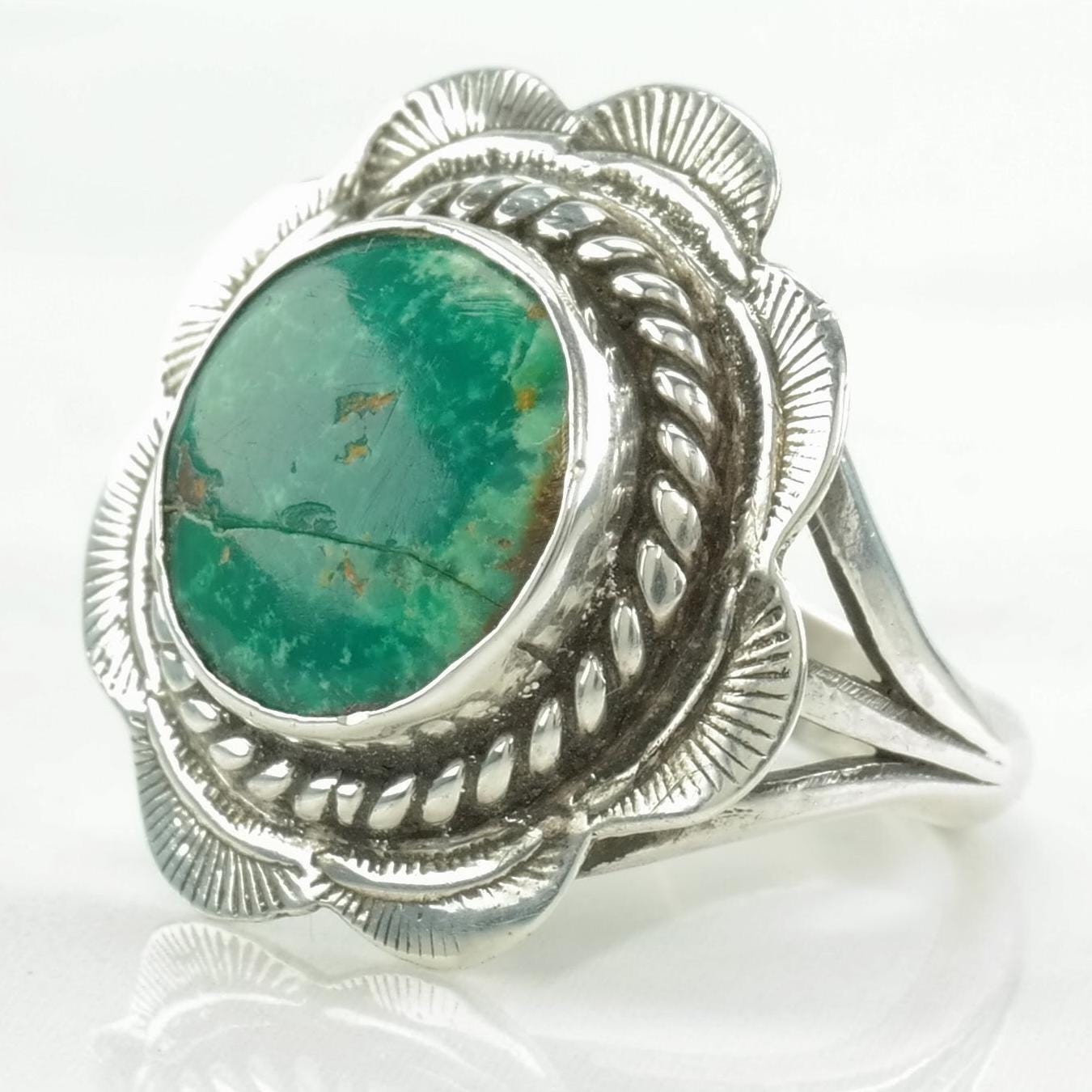 Vintage Native American Silver Ring Turquoise Scallop Sterling Size 6