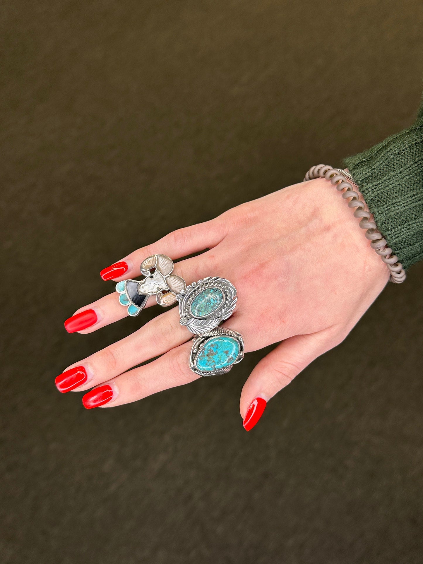 Vintage Navajo Silver Ring Turquoise Leaf Sterling Size 9