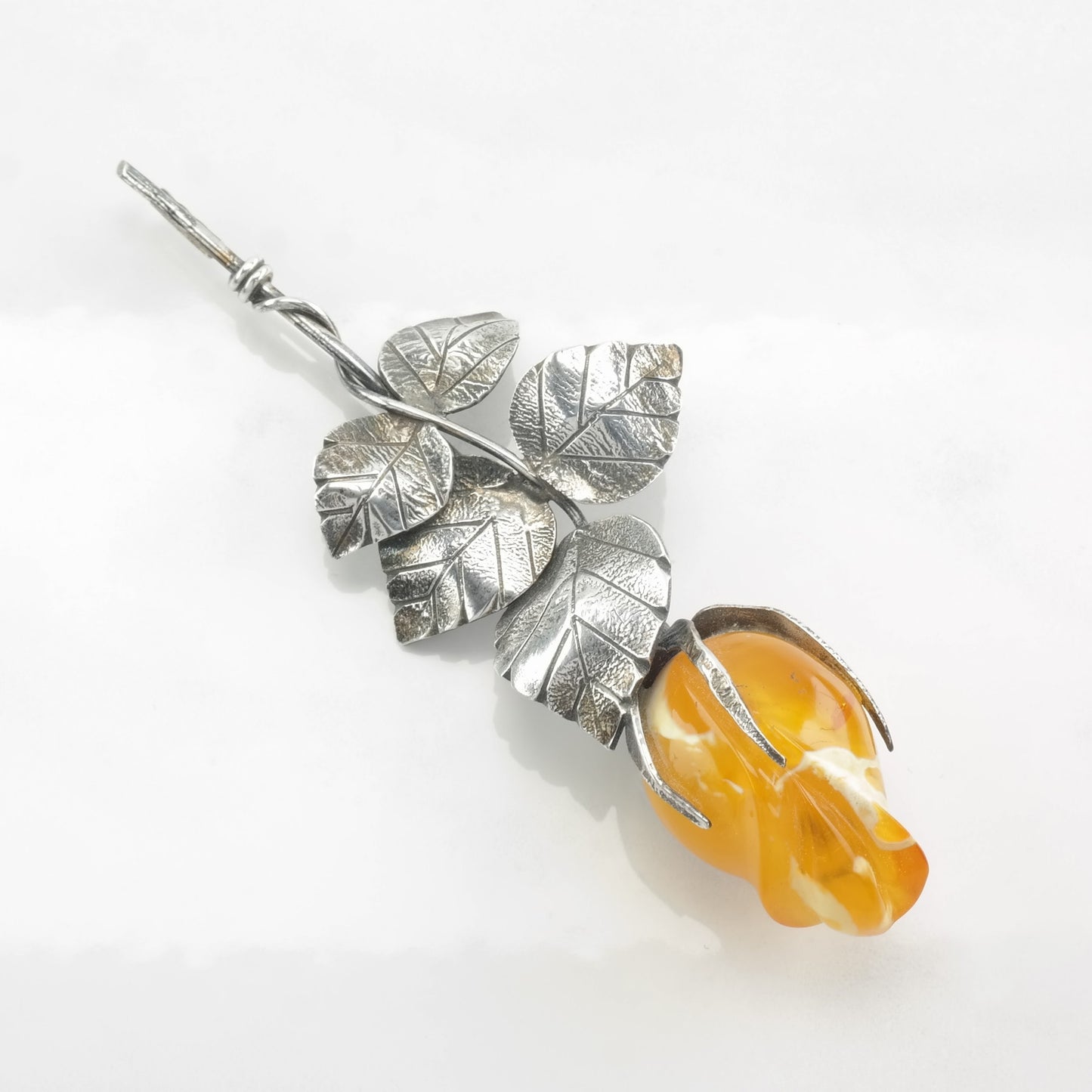 European Sterling Silver Brooch Rose, Floral Butterscotch Amber