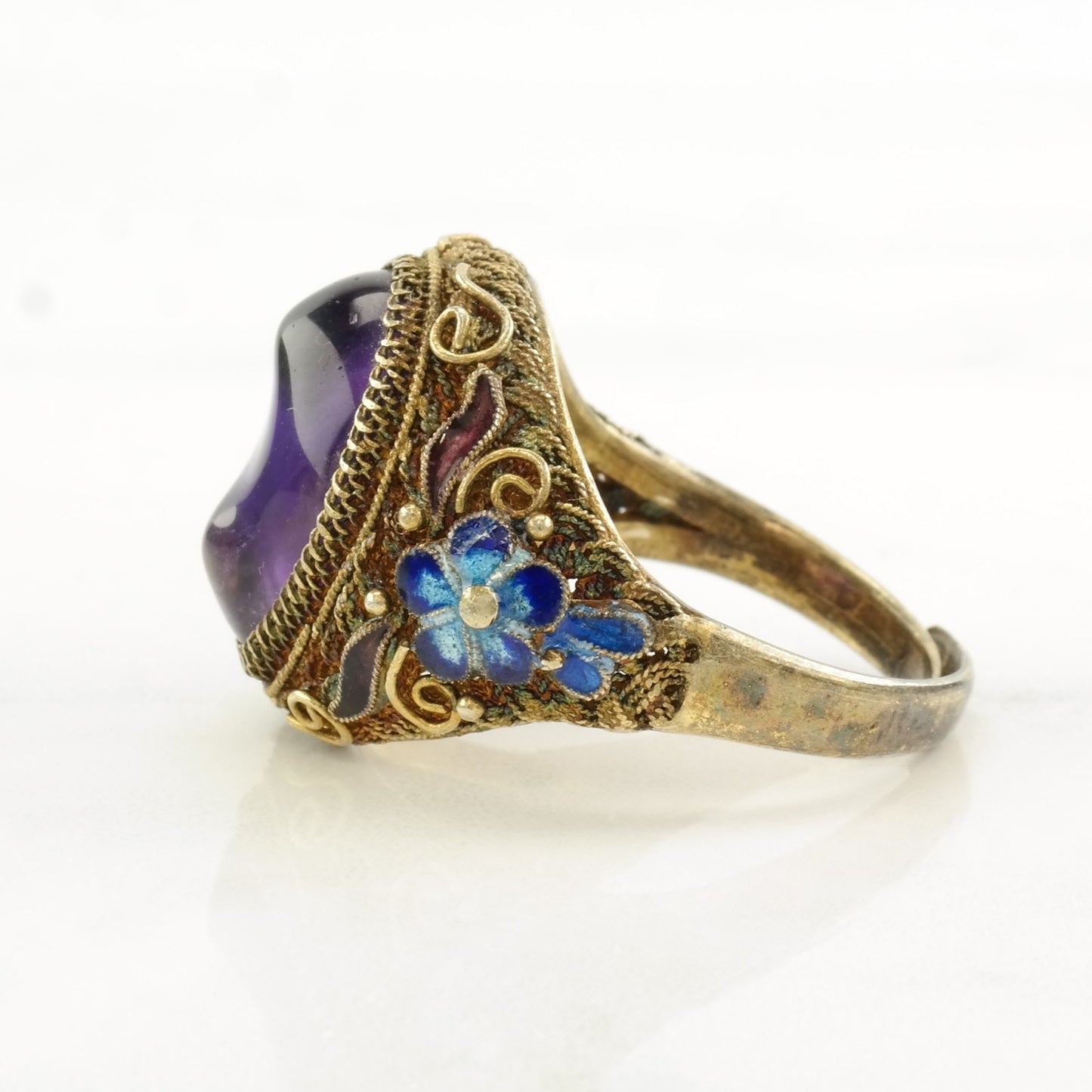 Vintage Sterling Silver Ring Amethyst Enamel, Flower, Gold Tone Size 9 1/2