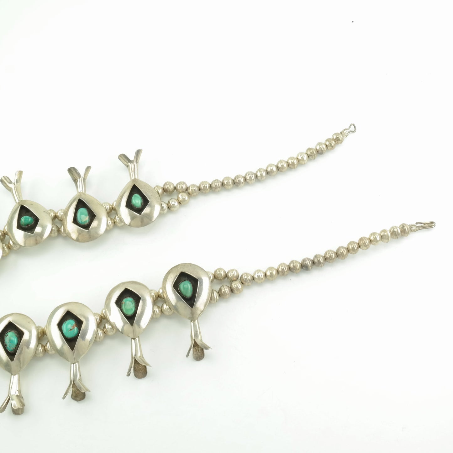 Vintage Native American Sterling Silver Royston Turquoise Shadowbox Squash Blossom Necklace