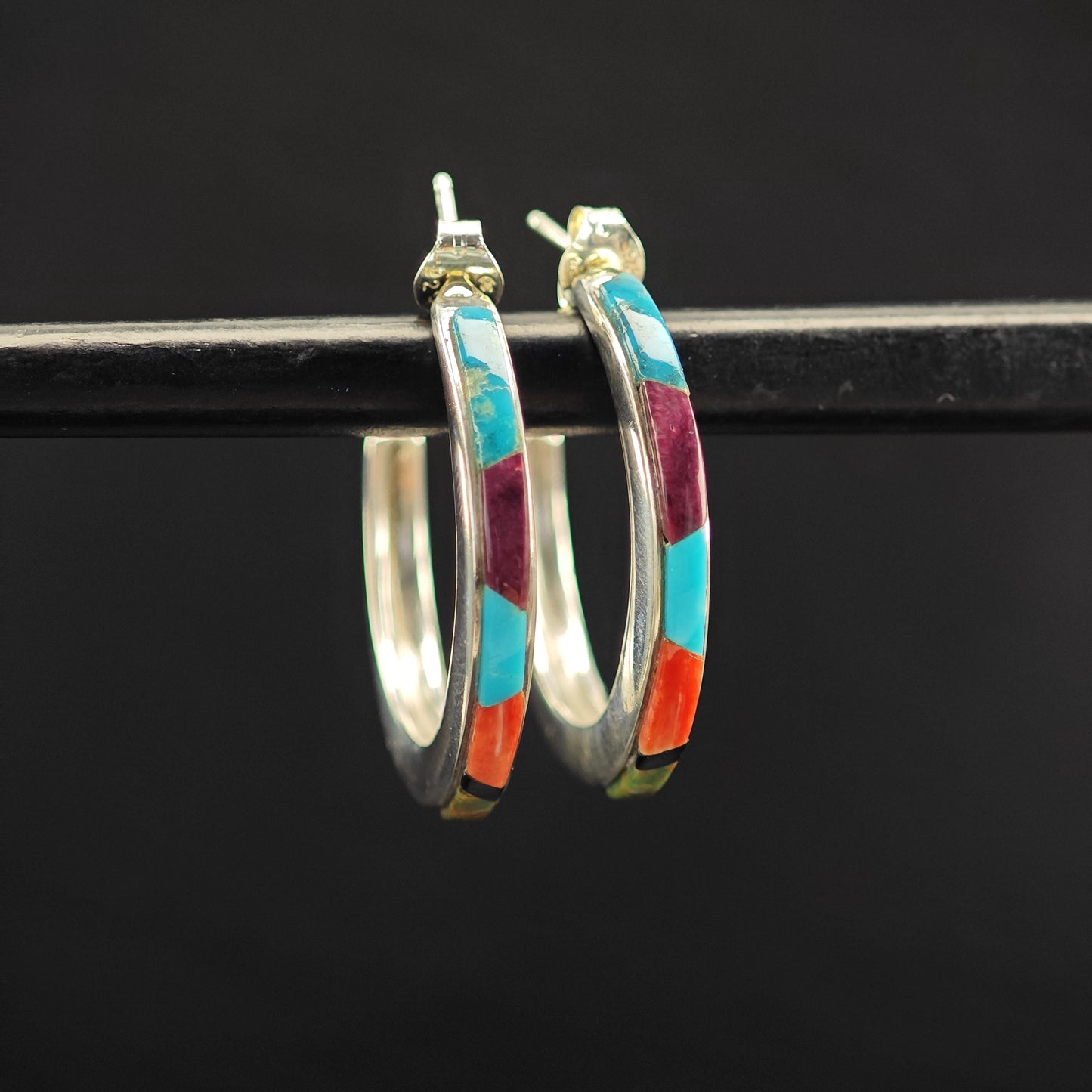 Southwest Turquoise, Coral Inlay Stud/Hoop Earrings Sterling Silver