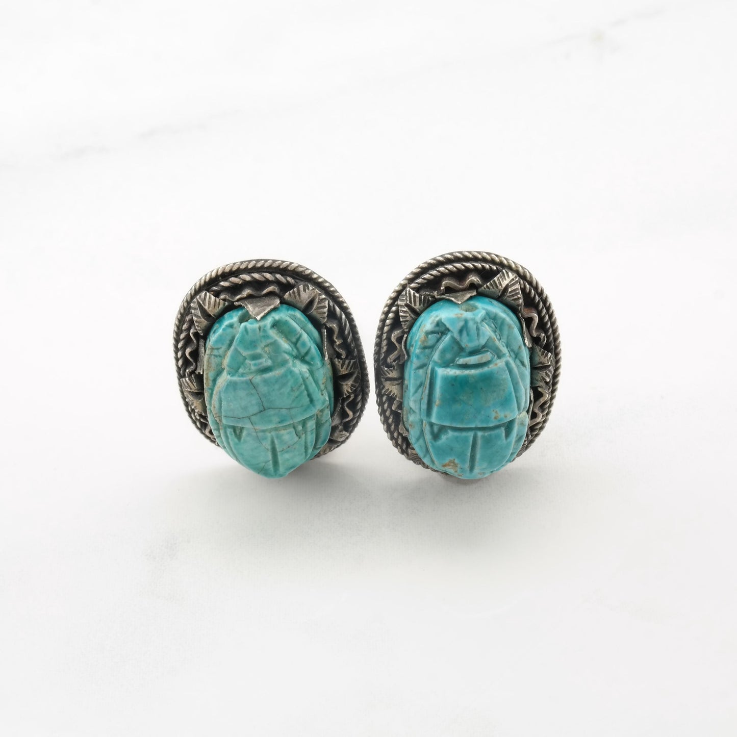Vintage Egyptian Carved Scarab, Sterling Silver Clip On Earrings