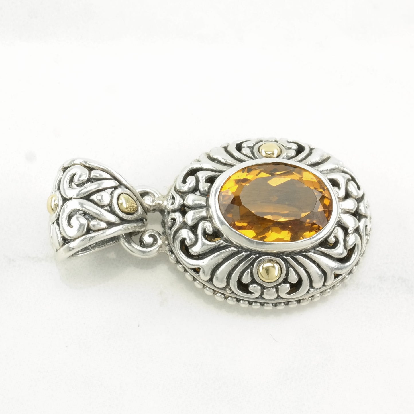 Vintage Citrine, 18K Gold Accent Ornate Sterling Silver Pendant