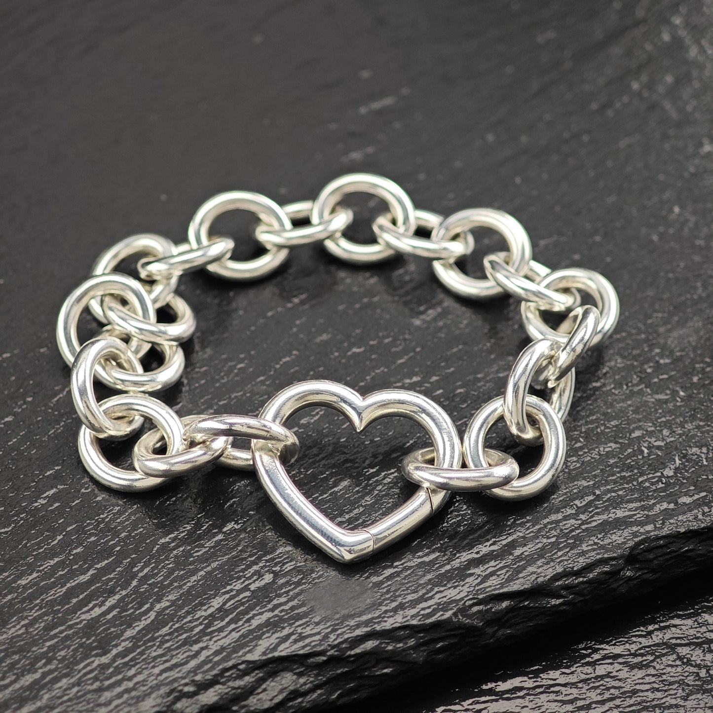 Sterling Silver Large Tiffany Curb Link Bracelet Heart Design