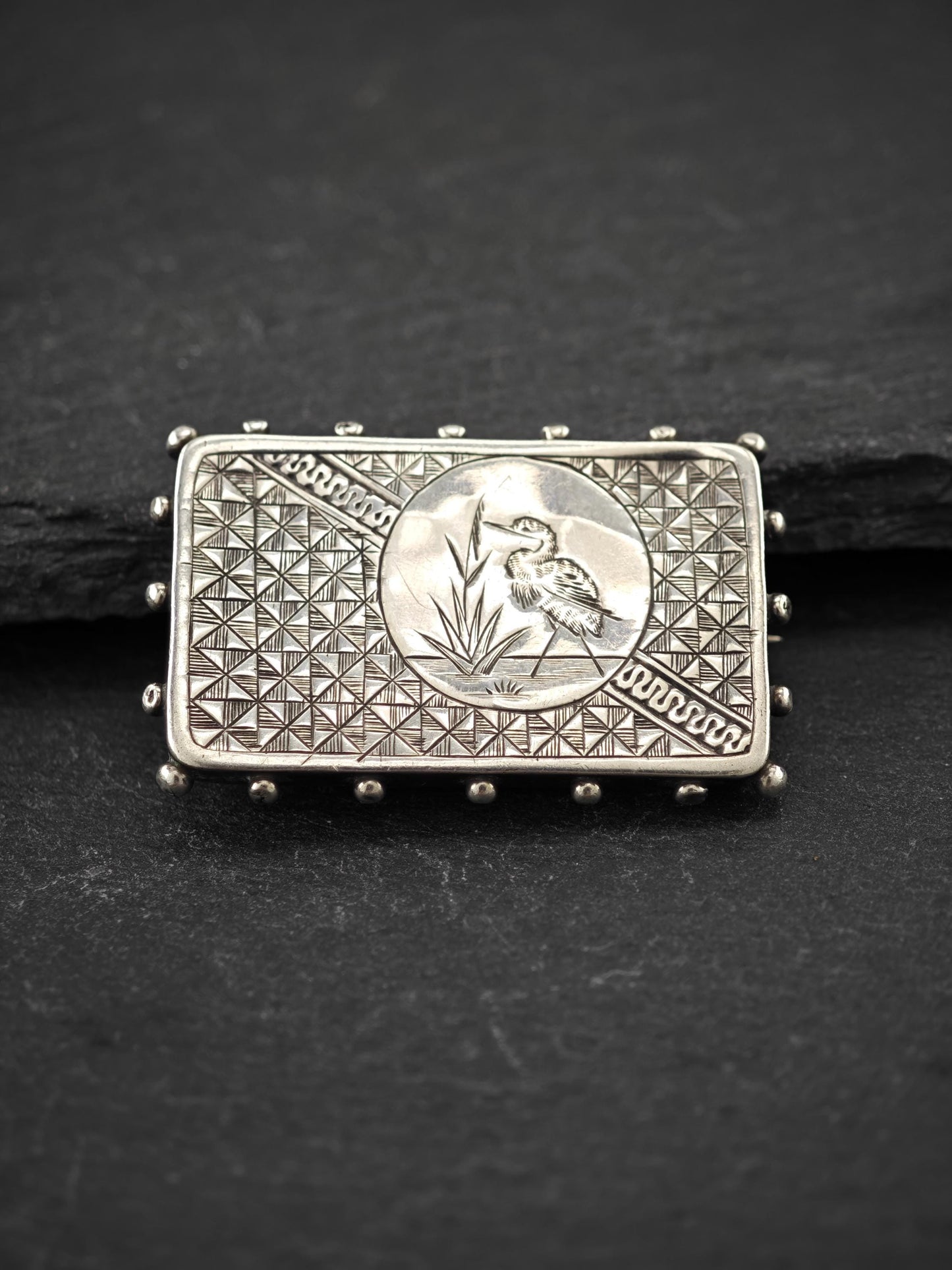 Victorian Antique Memorial, Hair Heron Stork Brooch Sterling Silver