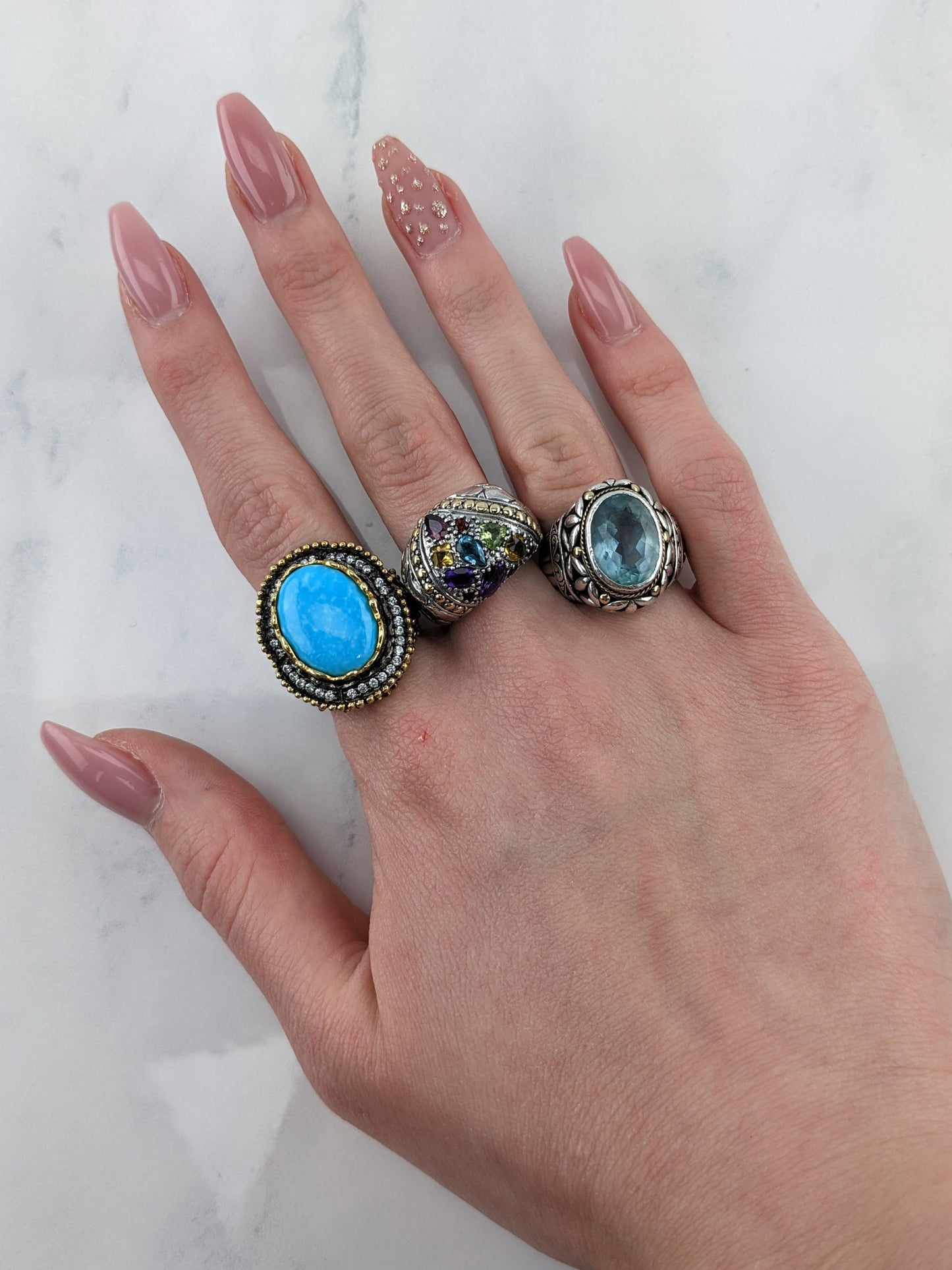 Vintage JAS Sterling Silver Ring Turquoise Diamond Blue Oval Textured Size 7 1/4