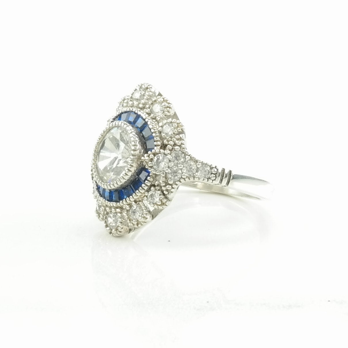 Vintage Art Deco Style Silver Ring CZ Created Sapphires Sterling Blue Size 6 1/4