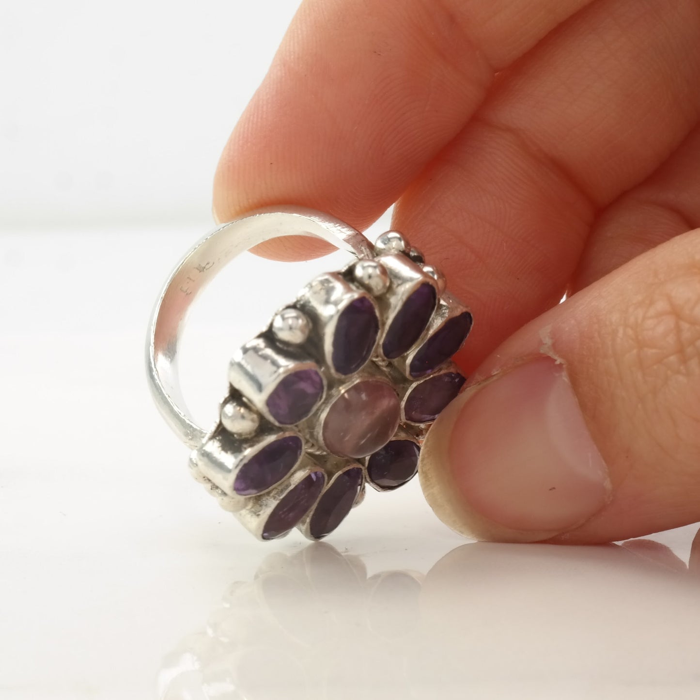 Vintage Sterling Silver Ring Amethyst, Rose Quartz Size 4 3/4