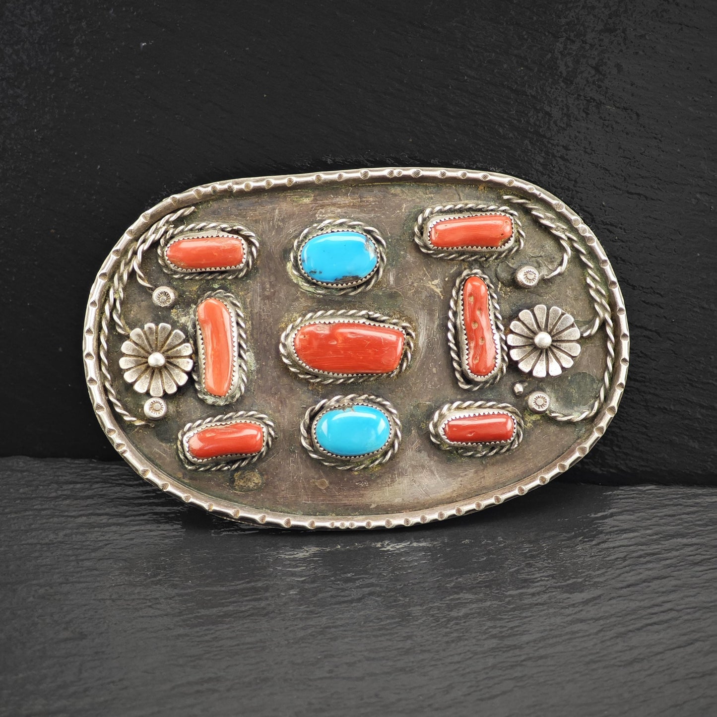 Large Sterling Silver Belt Buckle with Turquoise Coral Floral Design Native American Style