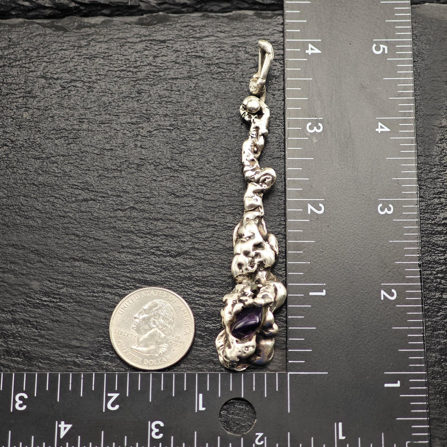 Vintage Brutalist Amethyst Pendant Sterling Silver