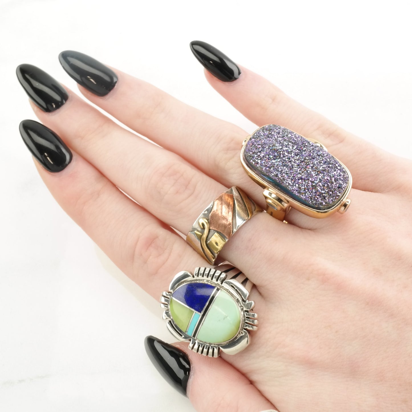 Vintage Native American Silver Ring Lapis Lazuli, Turquoise Inlay Sterling Size 9 1/2