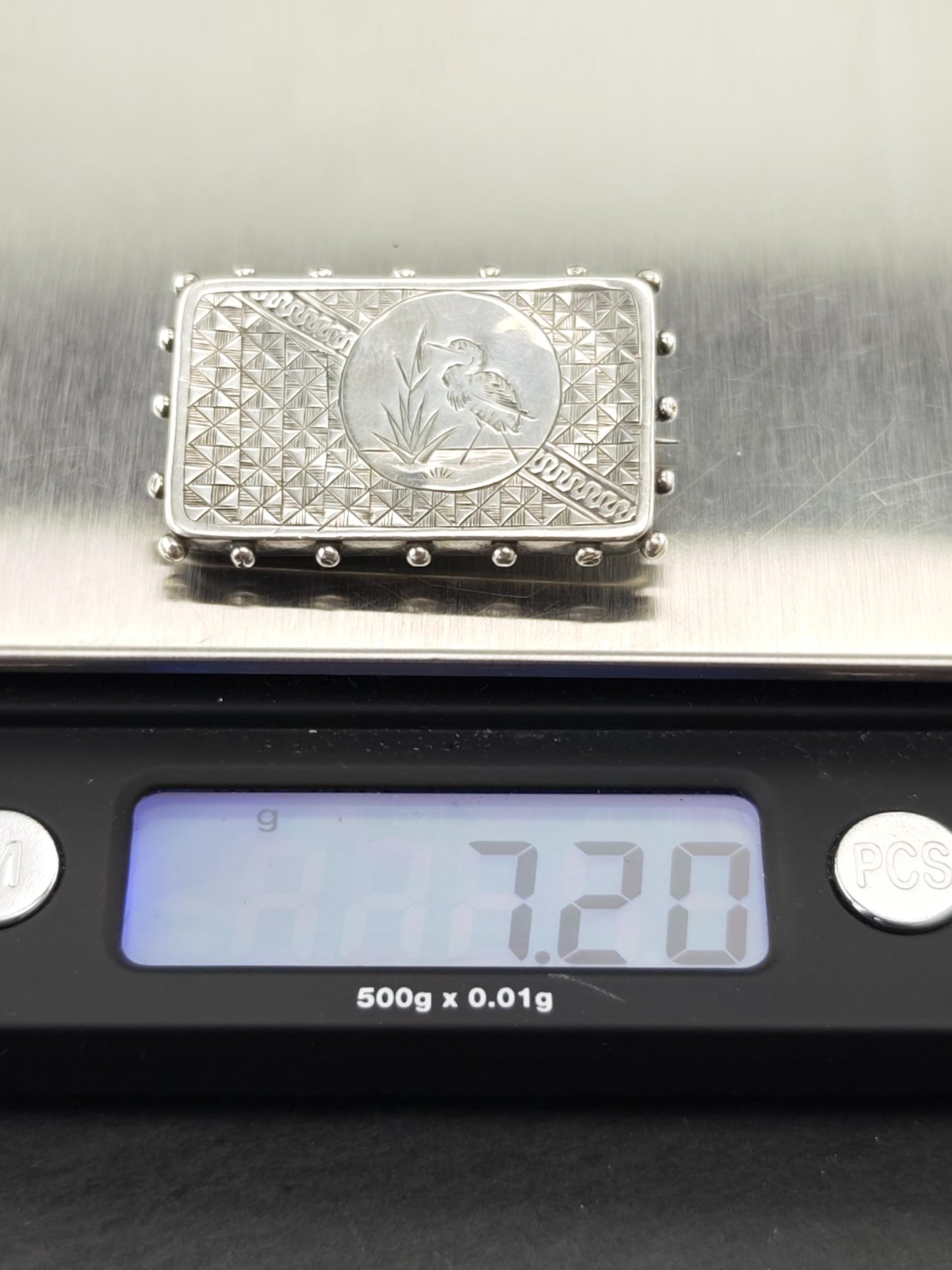 Victorian Antique Memorial, Hair Heron Stork Brooch Sterling Silver