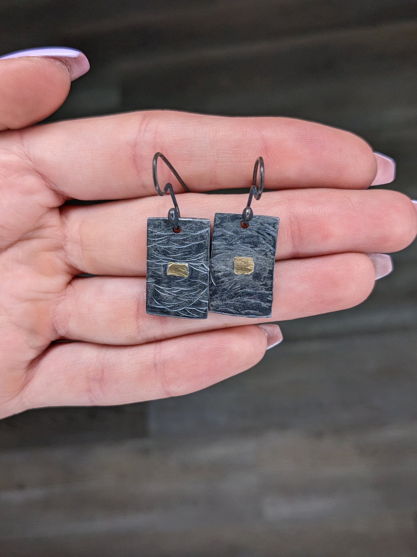 Modernist Sterling Silver Rectangular 18k Gold Fish Hooks Earrings