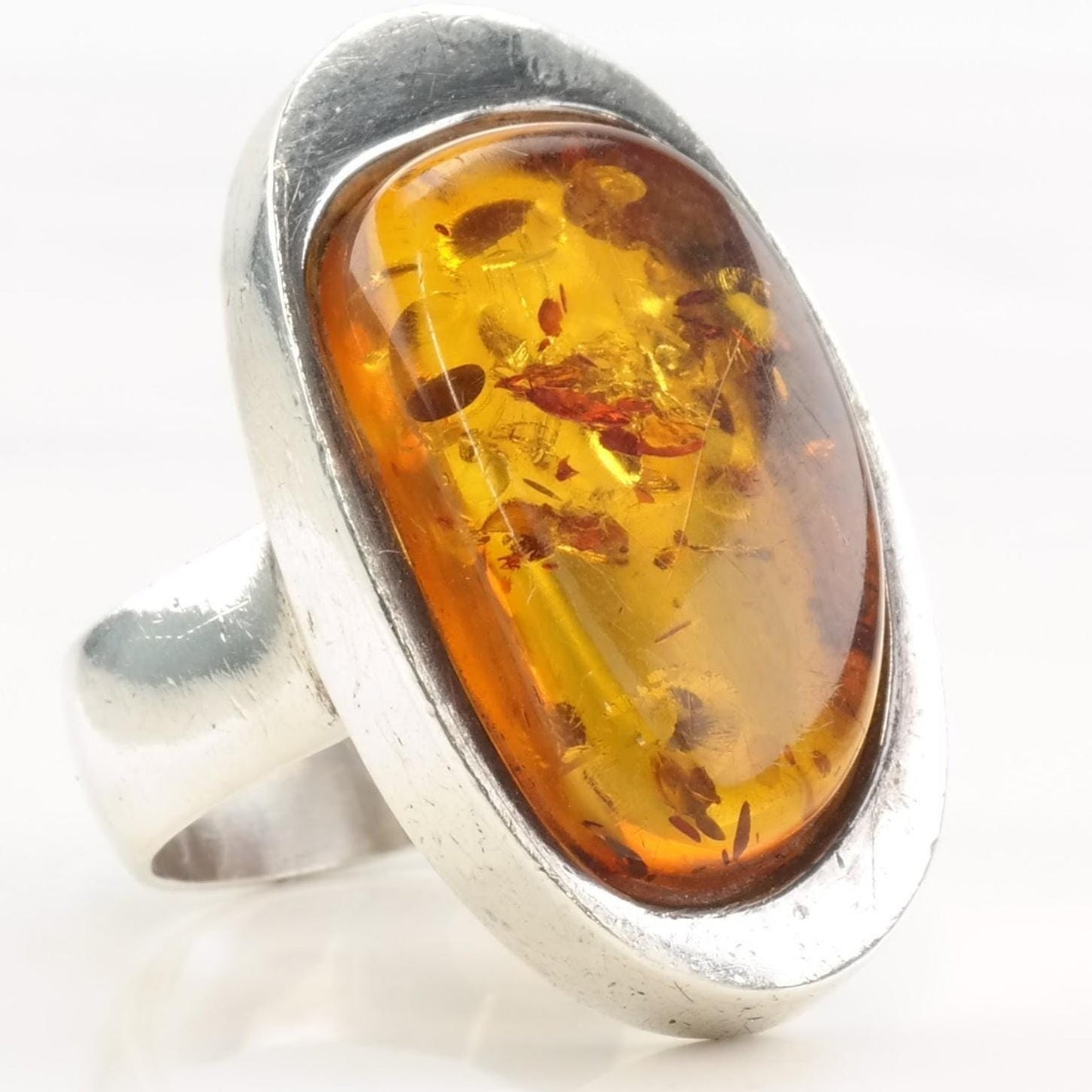 Vintage European Silver Ring Amber Oval Sterling Size 6 1/4