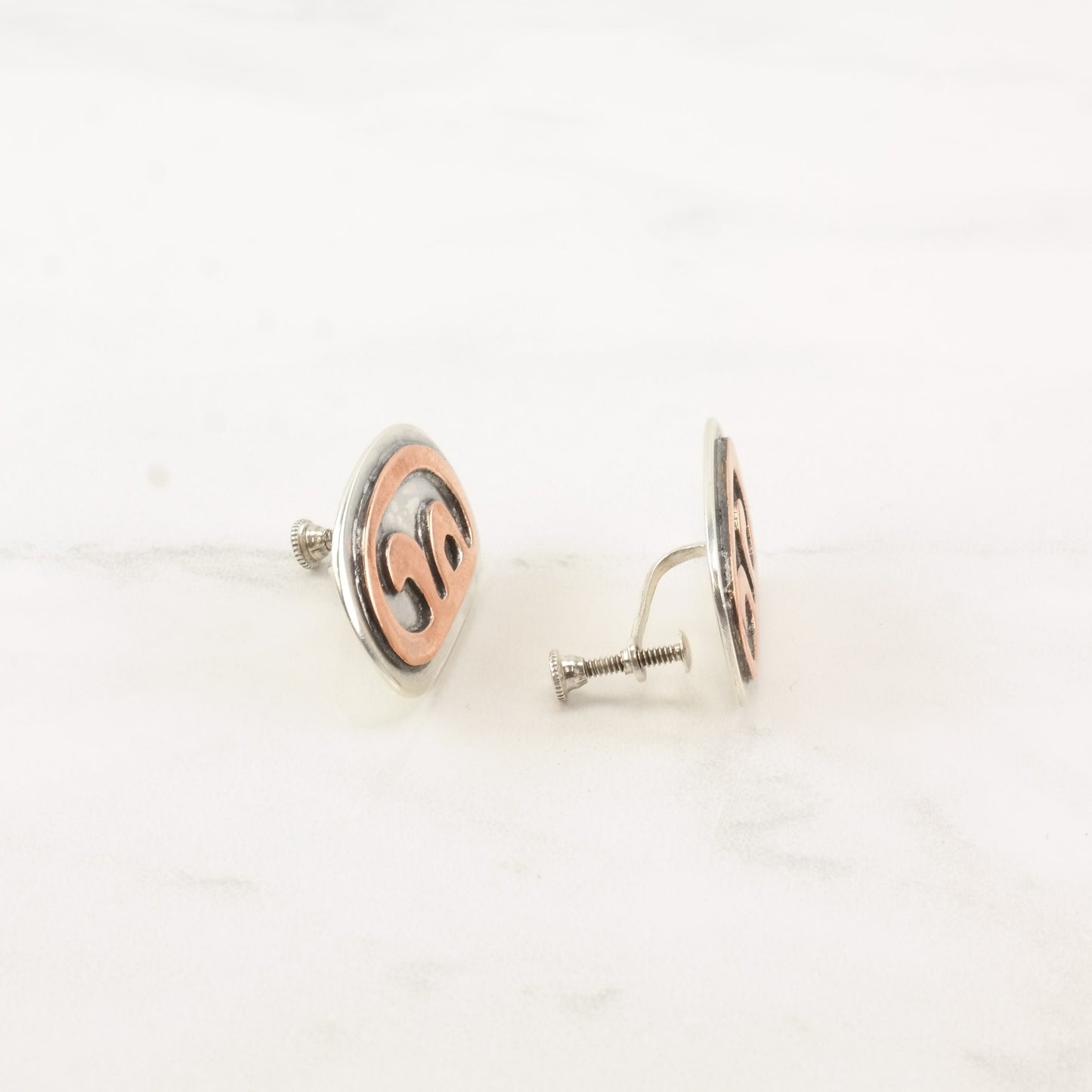 RWW Sterling Silver Copper Mixed Metal Modernist Earrings Screw back